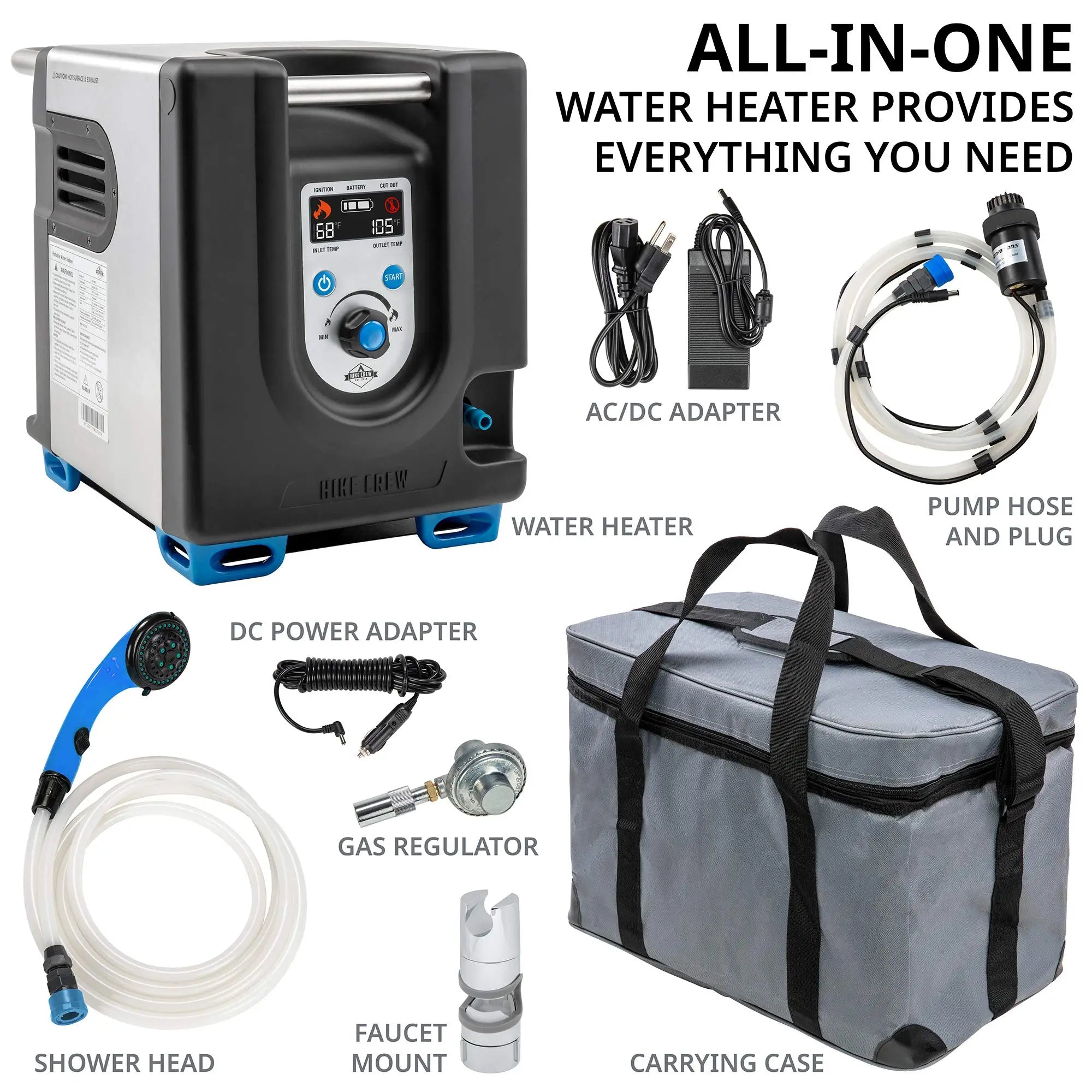 Hike Crew Portable Propane Water Heater & Shower Pump with Built-In Battery, Safety Shutoff & Case