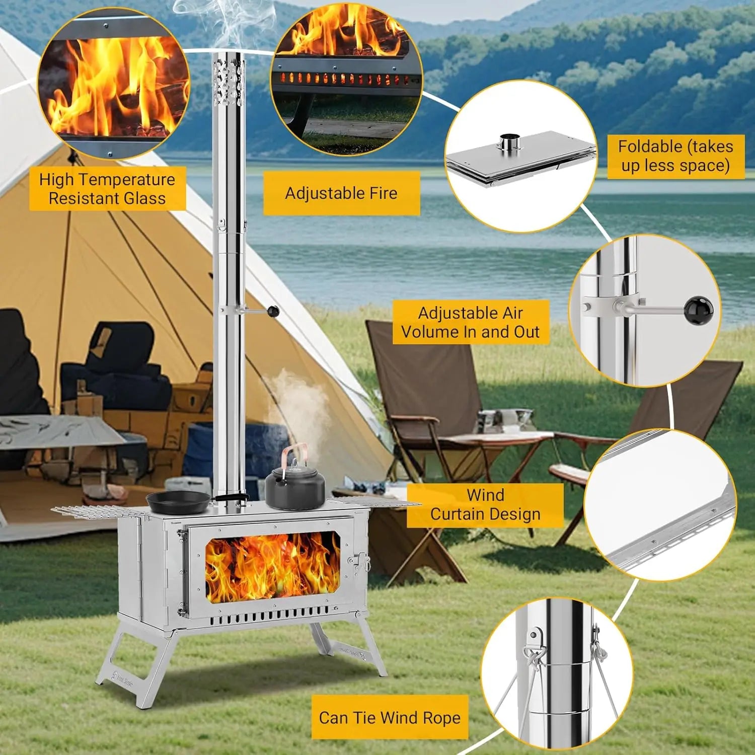 Hot Tent Stove, Wood Burning Portable Stainless
