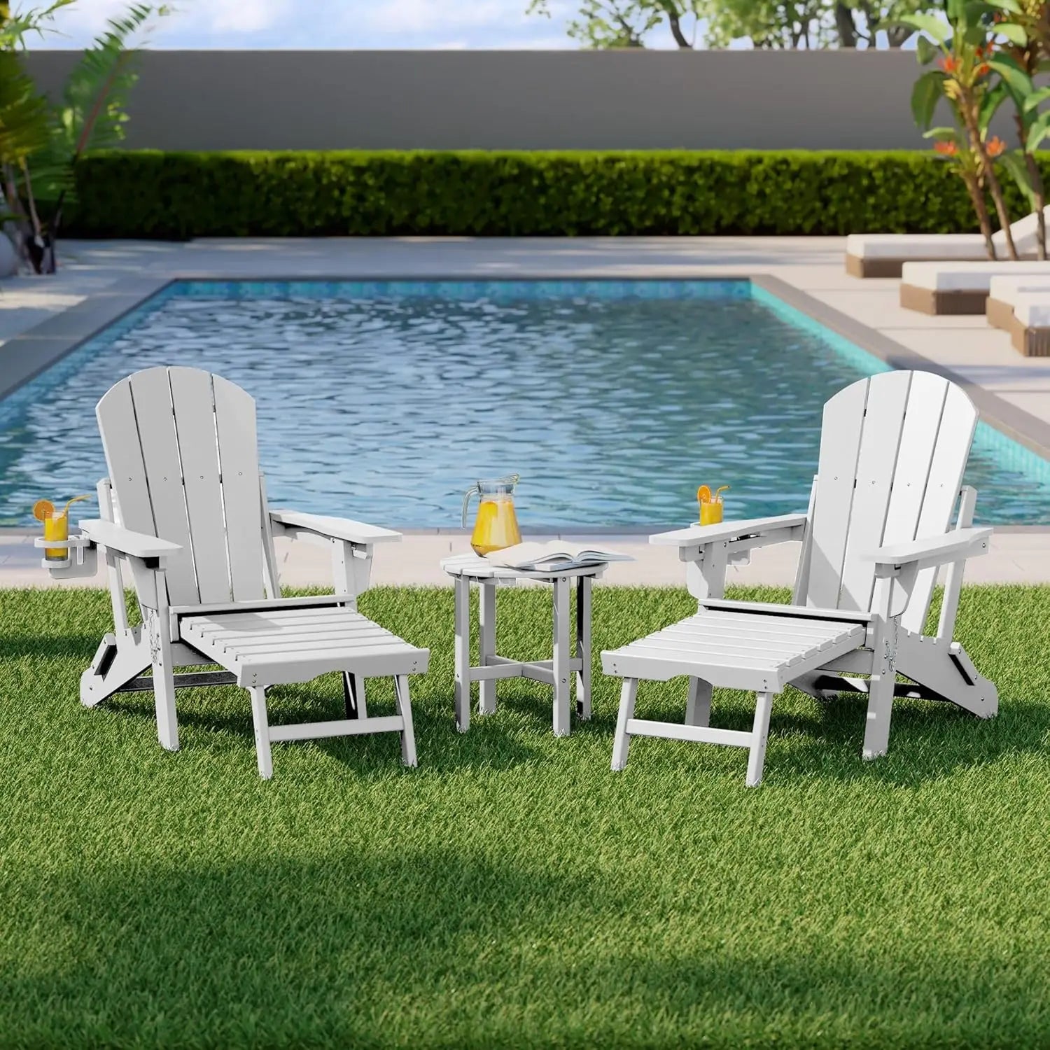 3-Piece Folding Adirondack Chair Set Adjustable Cup Holder Hideaway Ottoman 18" Side Table Outdoor Patio Garden White Custom