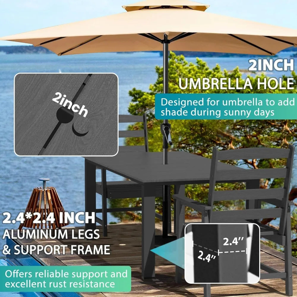 7 Pieces Patio Dining Sets, 75.2'' Table Outdoor HDPE Furniture Set w/ 2" Hole Cut-Out Dining Table with 6 Patio Chairs for Law