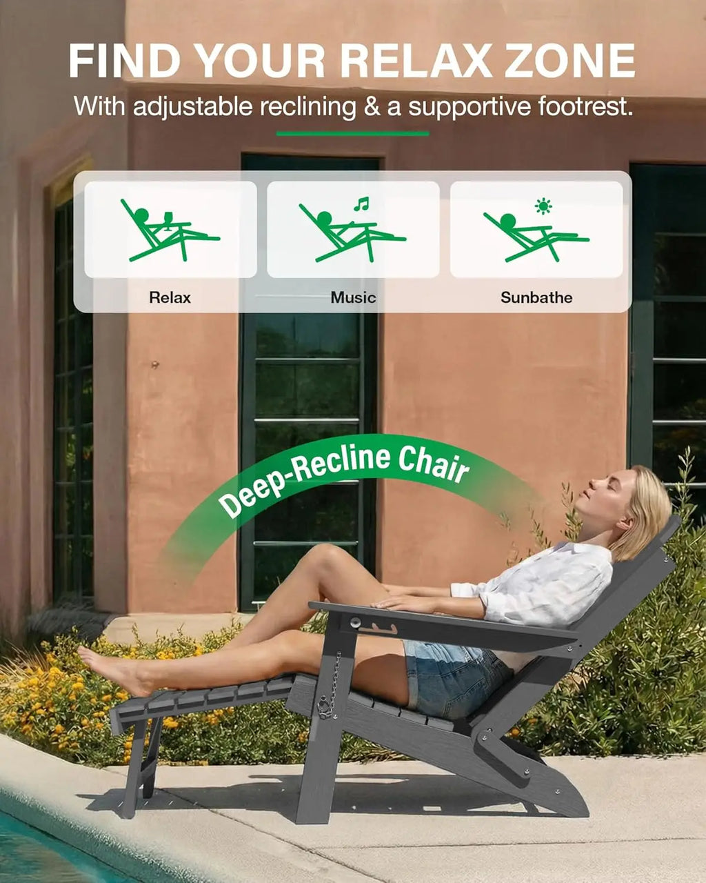 HDPE Folding Adirondack Chair Set 2 Retractable Ottoman Cup Holder All-Weather Patio Pool Fire Pit, Customized