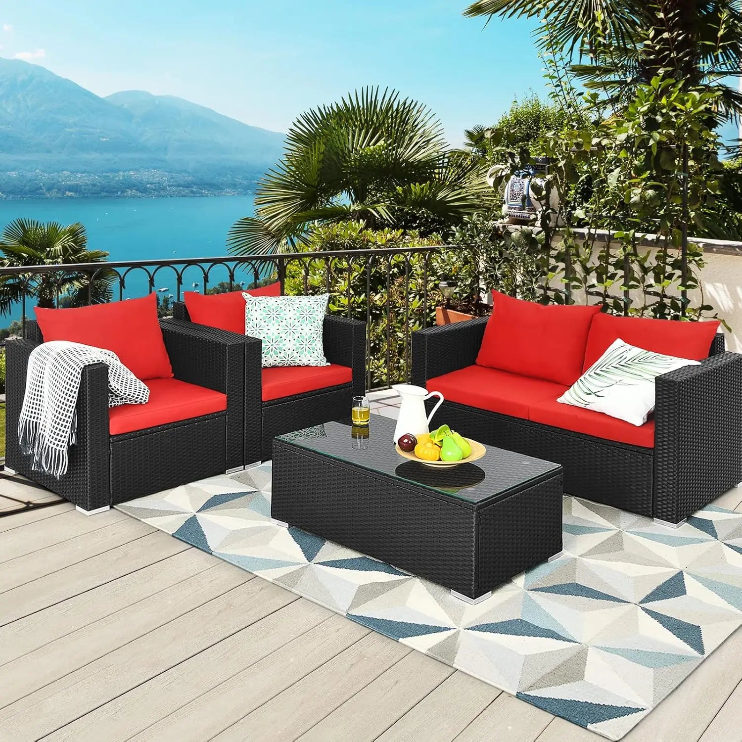 4pc Cushioned Rattan Patio Furniture Set Sofa Loveseat Chair Coffee Table Tempered Glass Top Garden Pool Balcony, Customized