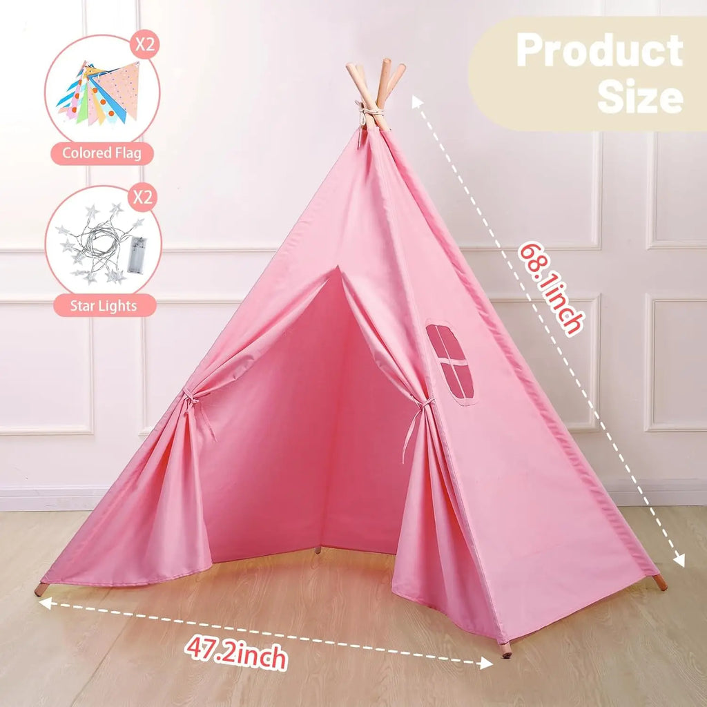 2-Pack Pink Teepee Tents for Kids with Lights, Foldable Playhouse for Sleepover Parties and Indoor Fun