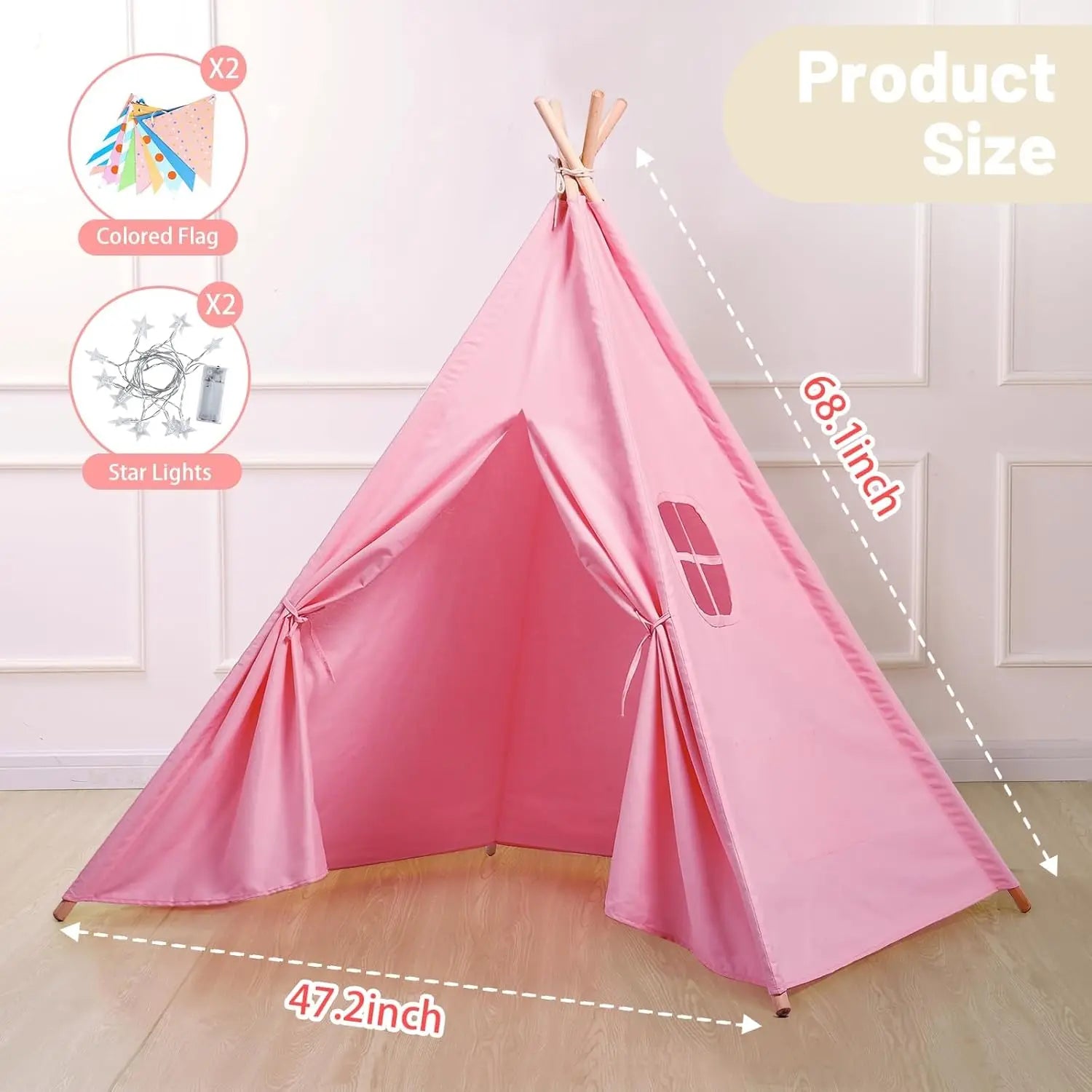 2-Pack Pink Teepee Tents for Kids with Lights, Foldable Playhouse for Sleepover Parties and Indoor Fun
