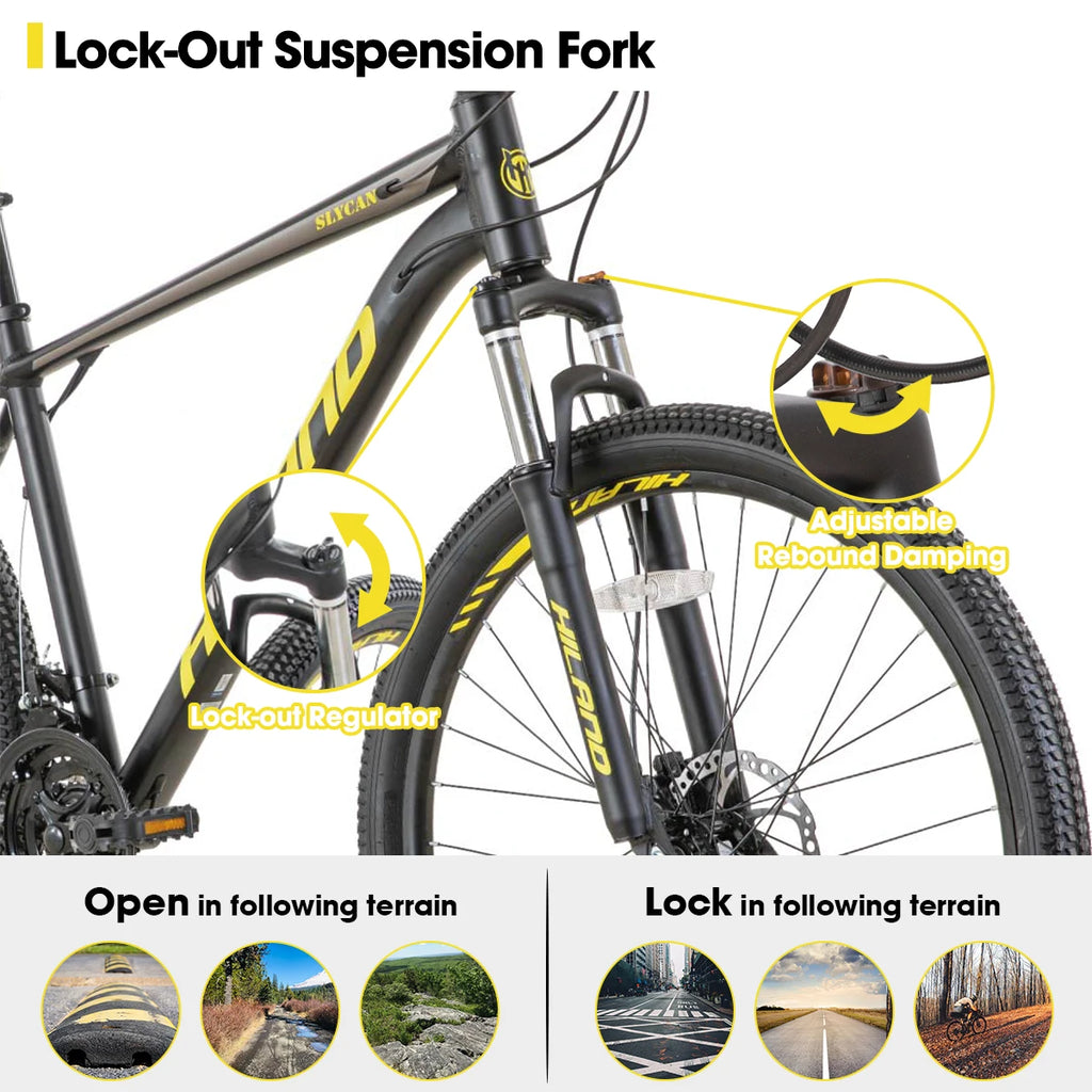 Hiland Aluminum Mountain Bike 21 Speeds, Hydraulic Disc-Brakes, Lock-Out Suspension Fork, 27.5 inch Wheel, Bike for Men Mens