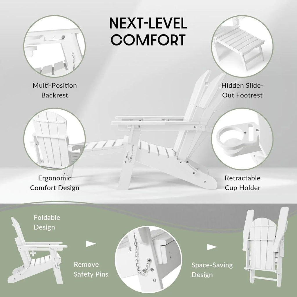 3-Piece Folding Adirondack Chair Set Adjustable Cup Holder Hideaway Ottoman 18" Side Table Outdoor Patio Garden White Custom