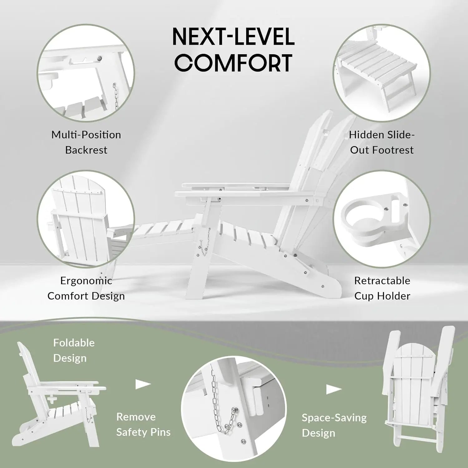 3-Piece Folding Adirondack Chair Set Adjustable Cup Holder Hideaway Ottoman 18" Side Table Outdoor Patio Garden White Custom