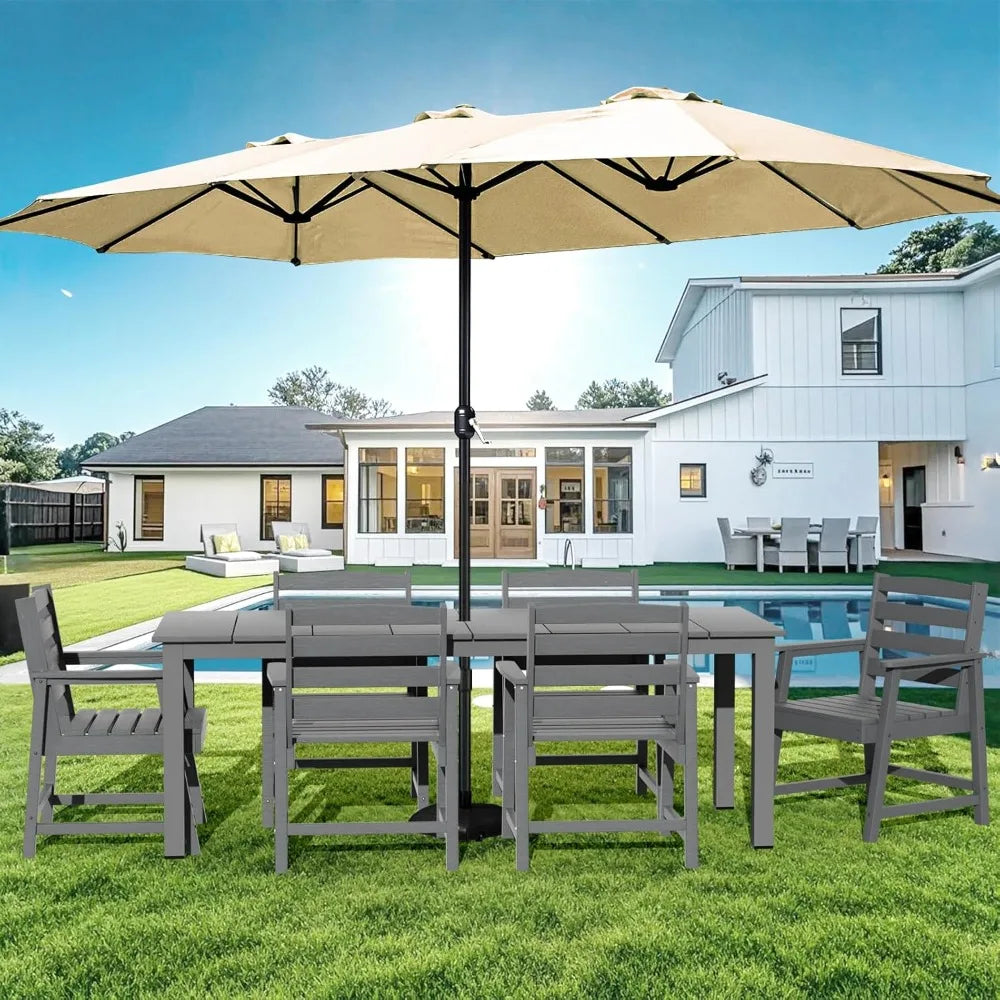 7 Pieces Patio Dining Sets, 75.2'' Table Outdoor HDPE Furniture Set w/ 2" Hole Cut-Out Dining Table with 6 Patio Chairs for Law