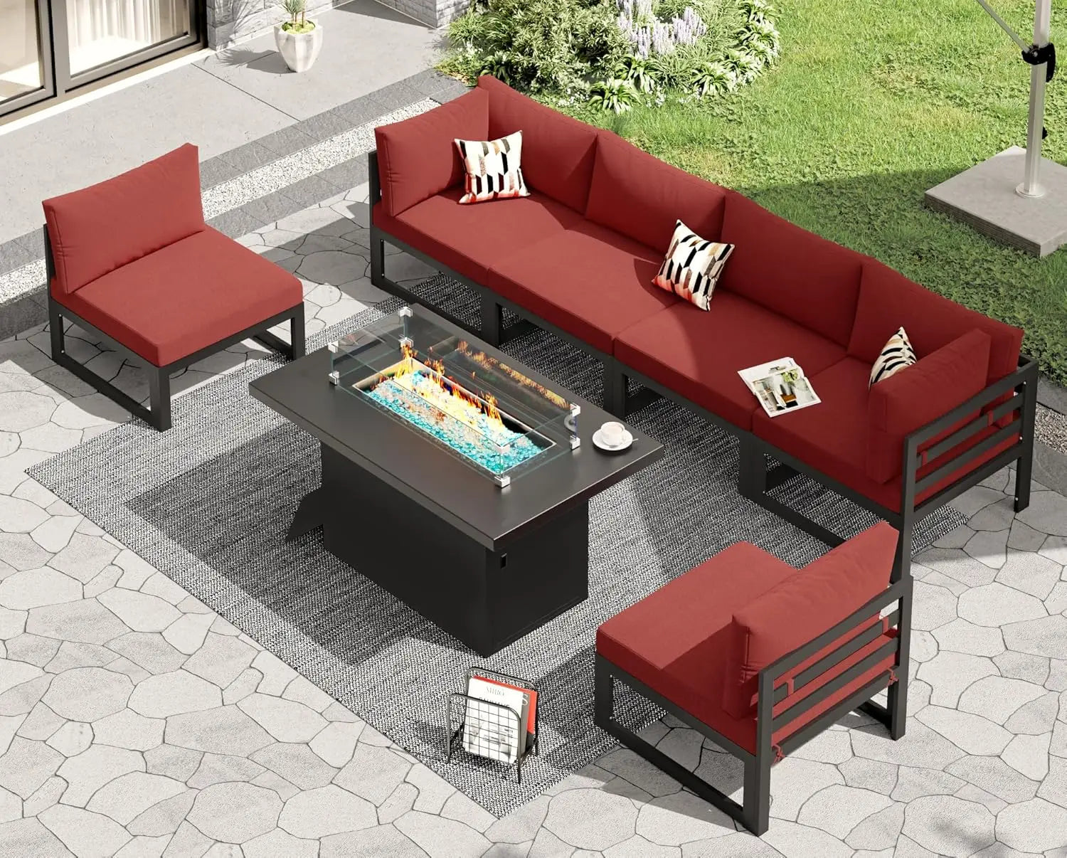6 Person Large  Outdoor Patio Furniture Set With Fireplace