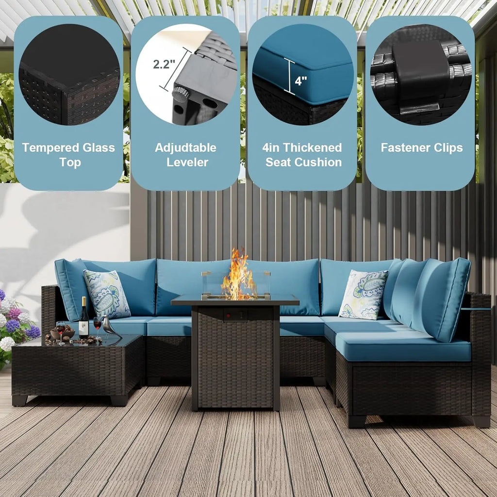 8pc Outdoor Patio Set with Fire Pit Table Wicker Sectional Sofa Thick Cushions Garden Lawn Pool Backyard, Customized