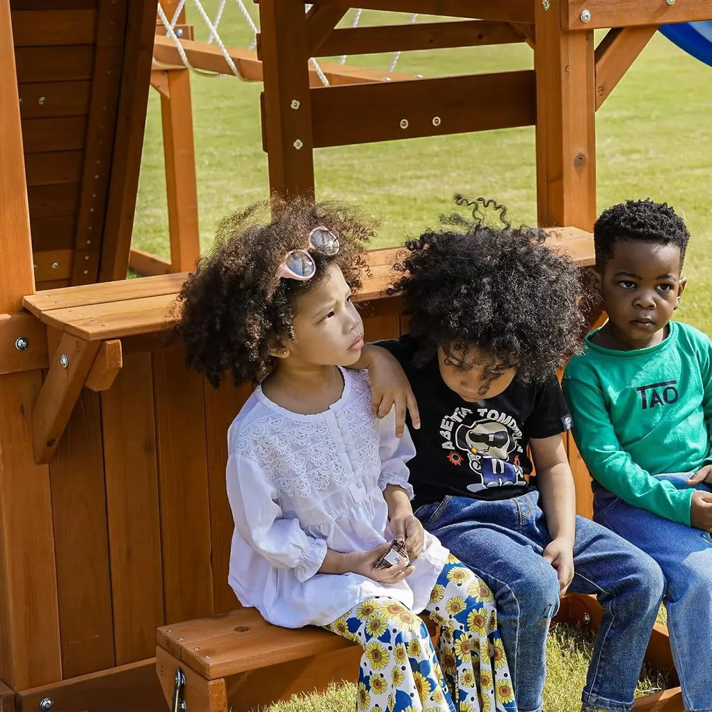 Best Seller Swing Sets for Backyard with Plank Bridge, Wooden Playground Sets for Backyards with 2 Wave Slides, Monkey bar