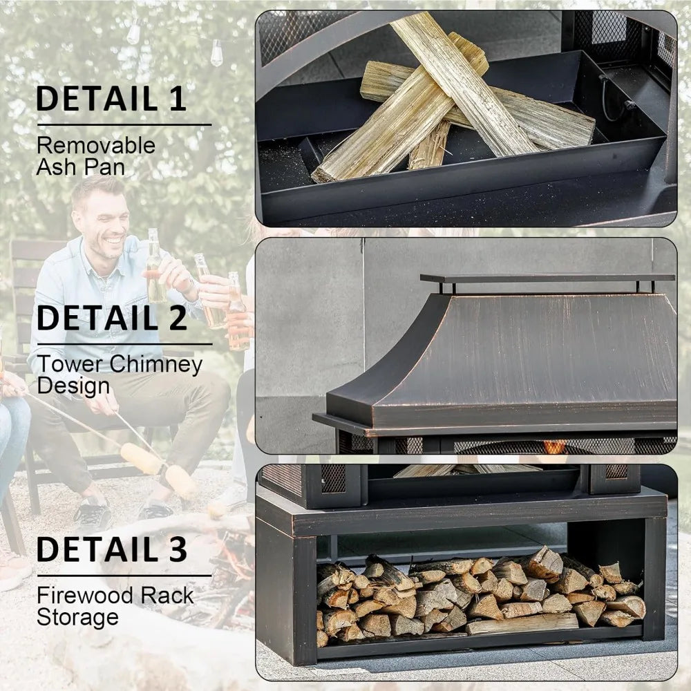 Large Outdoor Fire Pit with Chimney & Wood Storage - Ideal for Backyard, Patio, Camping