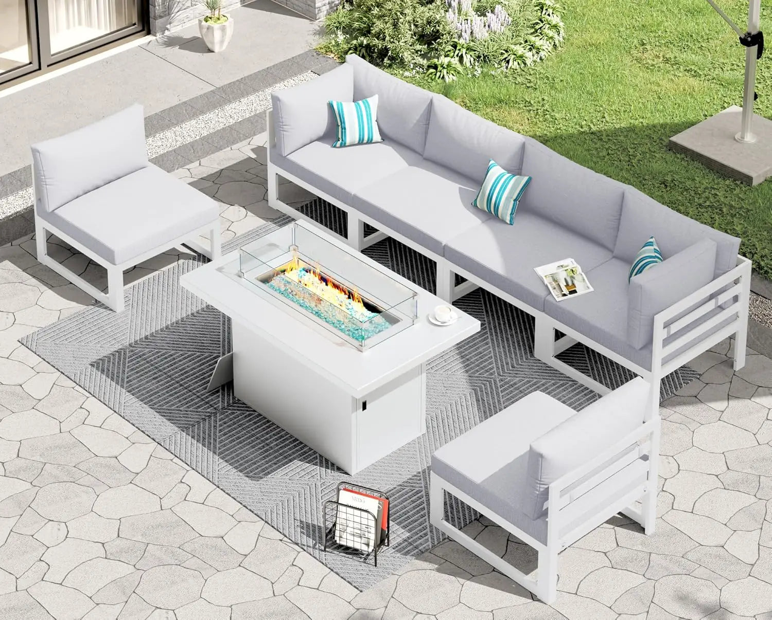 6 Person Large  Outdoor Patio Furniture Set With Fireplace