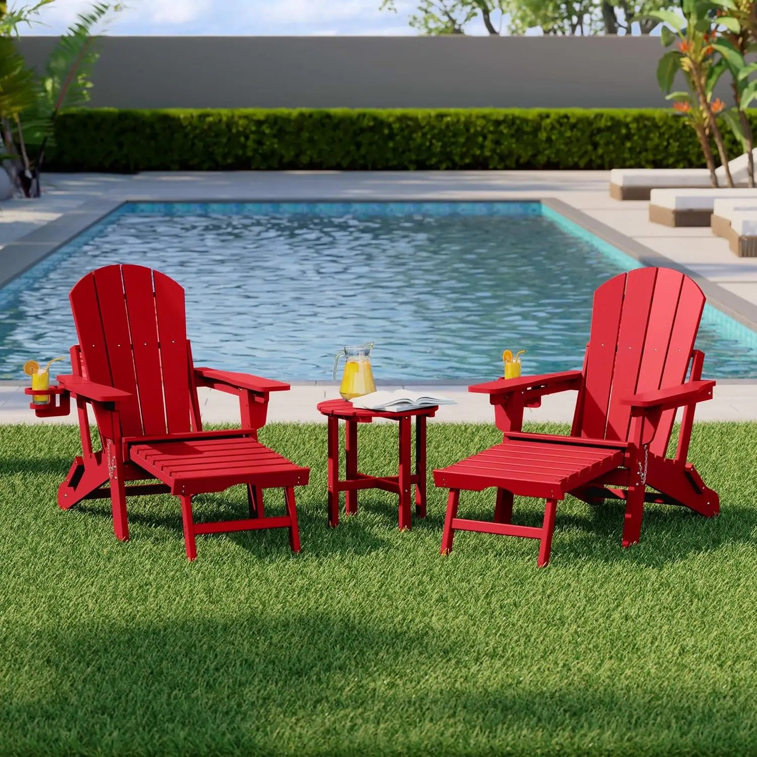 3-Piece Folding Adirondack Chair Set Adjustable Cup Holder Hideaway Ottoman 18" Side Table Outdoor Patio Garden White Custom