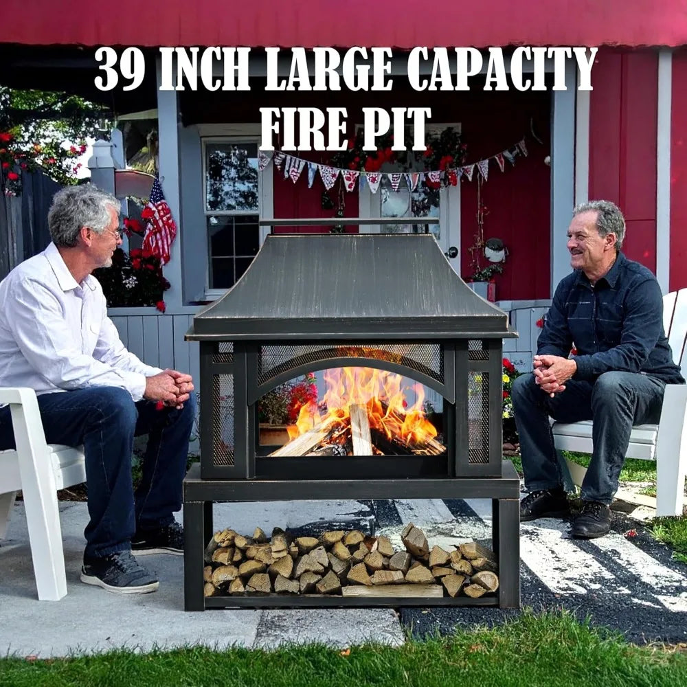 Large Outdoor Fire Pit with Chimney & Wood Storage - Ideal for Backyard, Patio, Camping