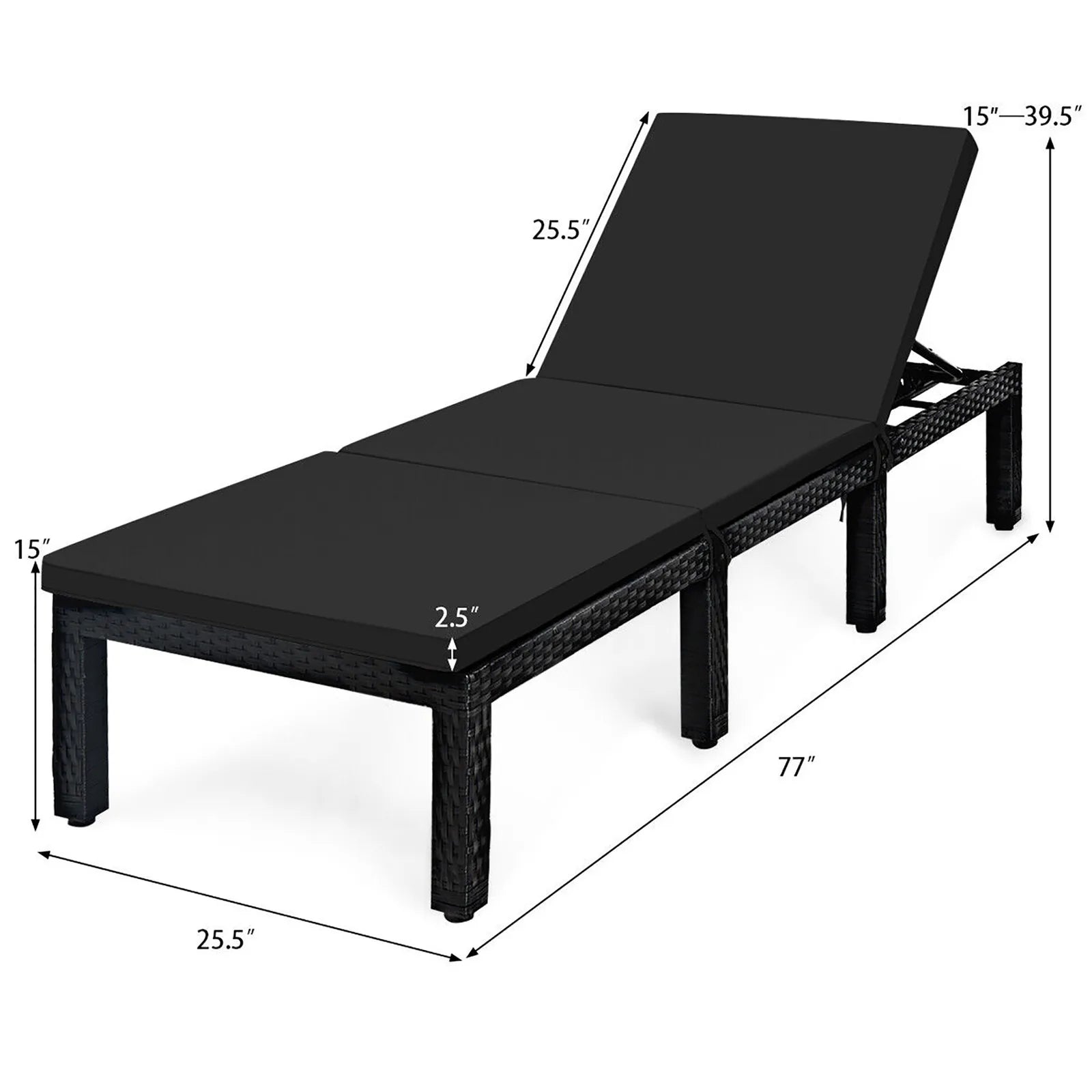 Adjustable Rattan Patio Chaise Lounge Chair Couch w/ Black & Turquoise Cushion