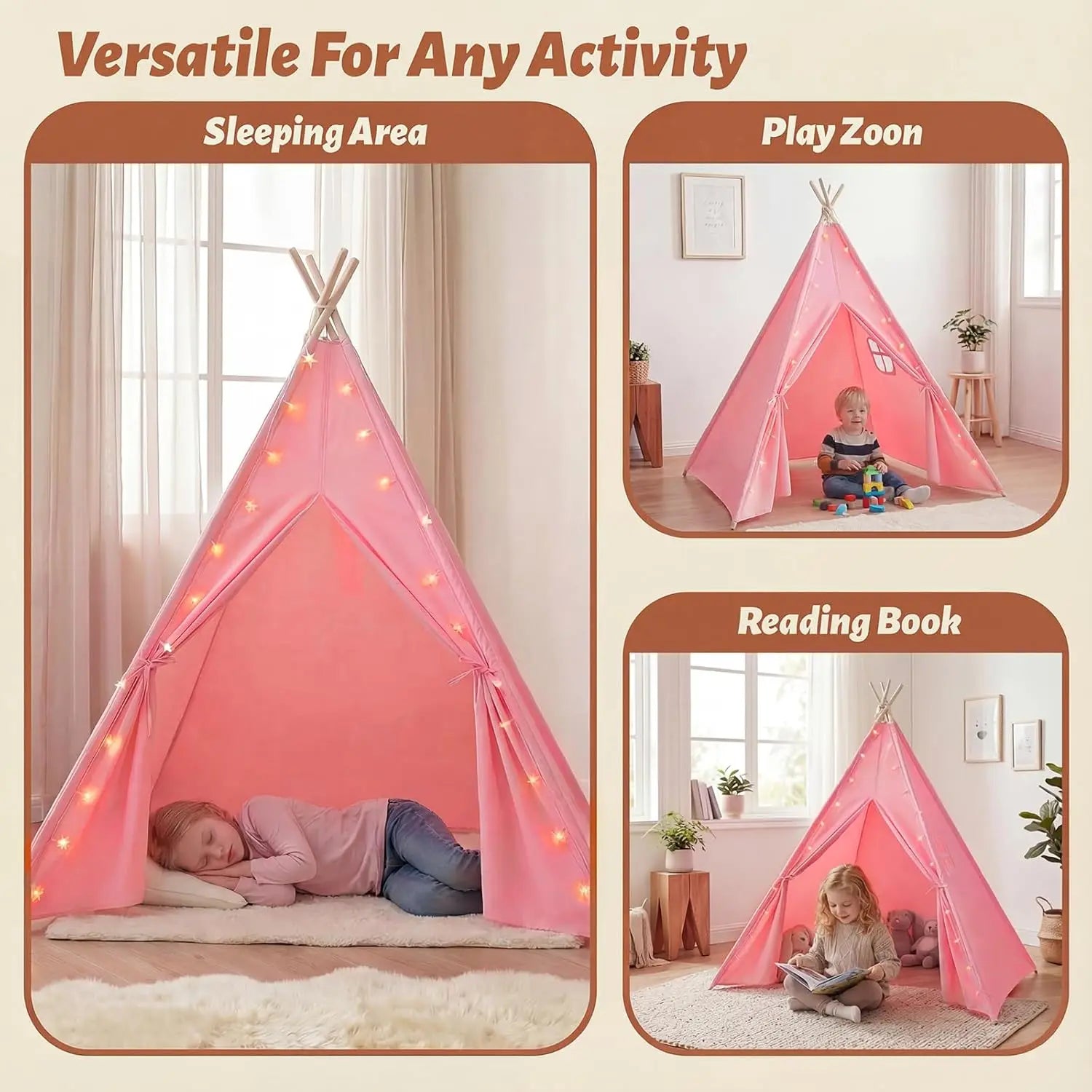 2-Pack Pink Teepee Tents for Kids with Lights, Foldable Playhouse for Sleepover Parties and Indoor Fun