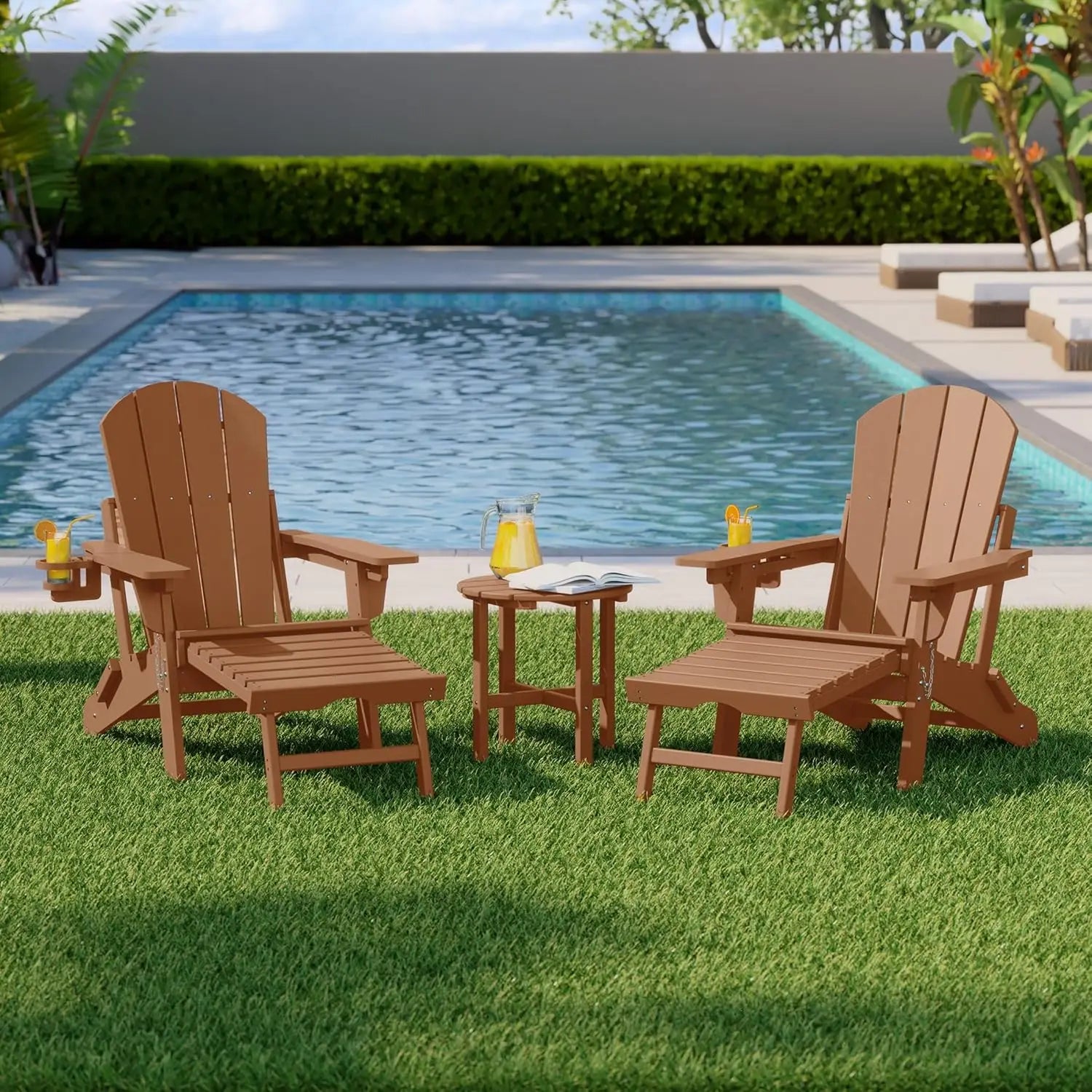 3-Piece Folding Adirondack Chair Set Adjustable Cup Holder Hideaway Ottoman 18" Side Table Outdoor Patio Garden White Custom