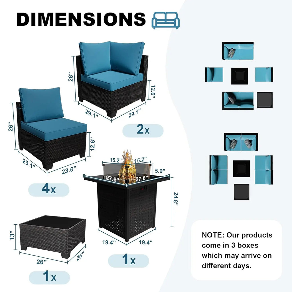 8pc Outdoor Patio Set with Fire Pit Table Wicker Sectional Sofa Thick Cushions Garden Lawn Pool Backyard, Customized