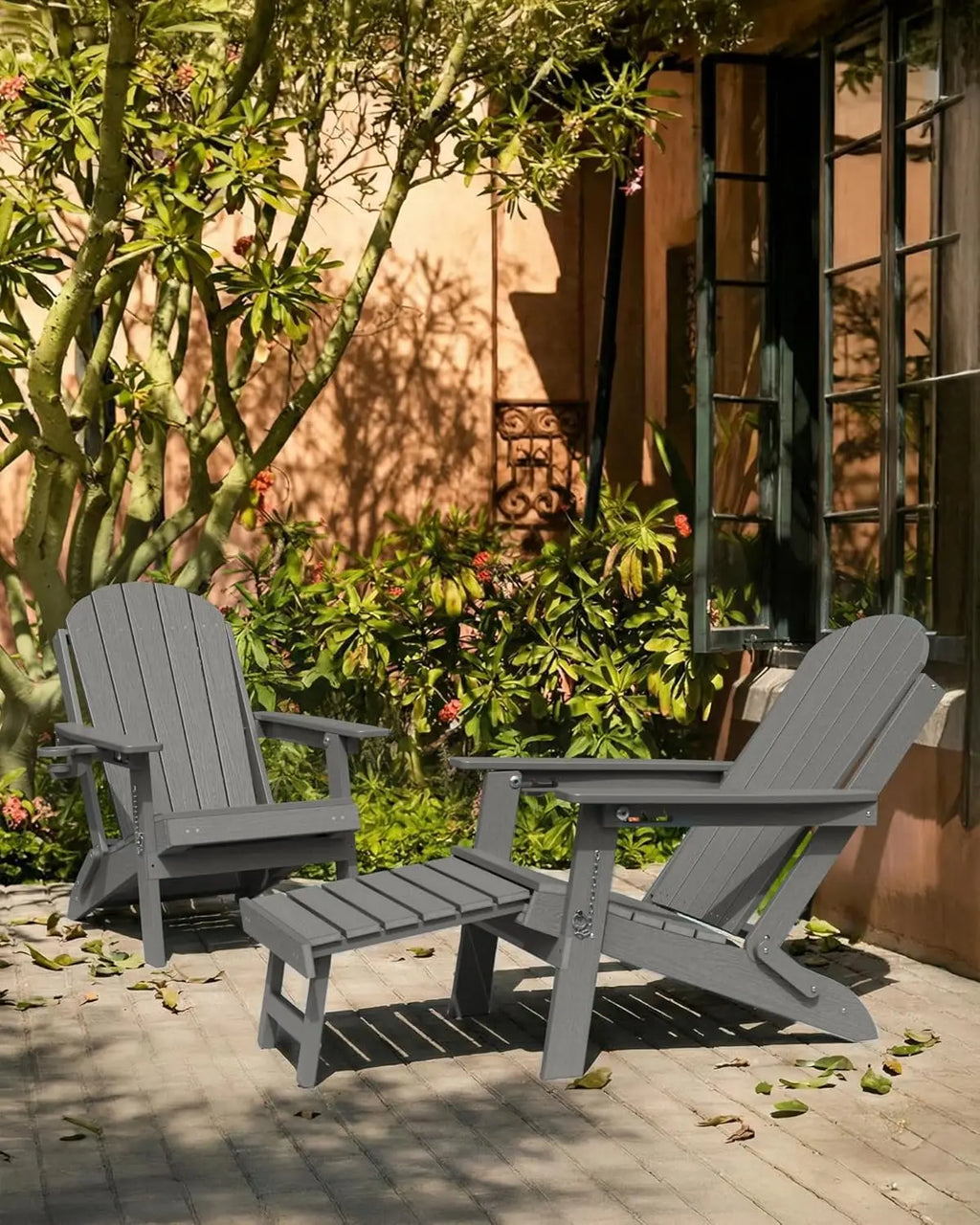 HDPE Folding Adirondack Chair Set 2 Retractable Ottoman Cup Holder All-Weather Patio Pool Fire Pit, Customized