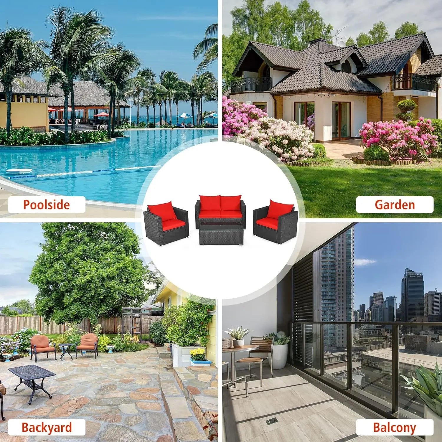 4pc Cushioned Rattan Patio Furniture Set Sofa Loveseat Chair Coffee Table Tempered Glass Top Garden Pool Balcony, Customized