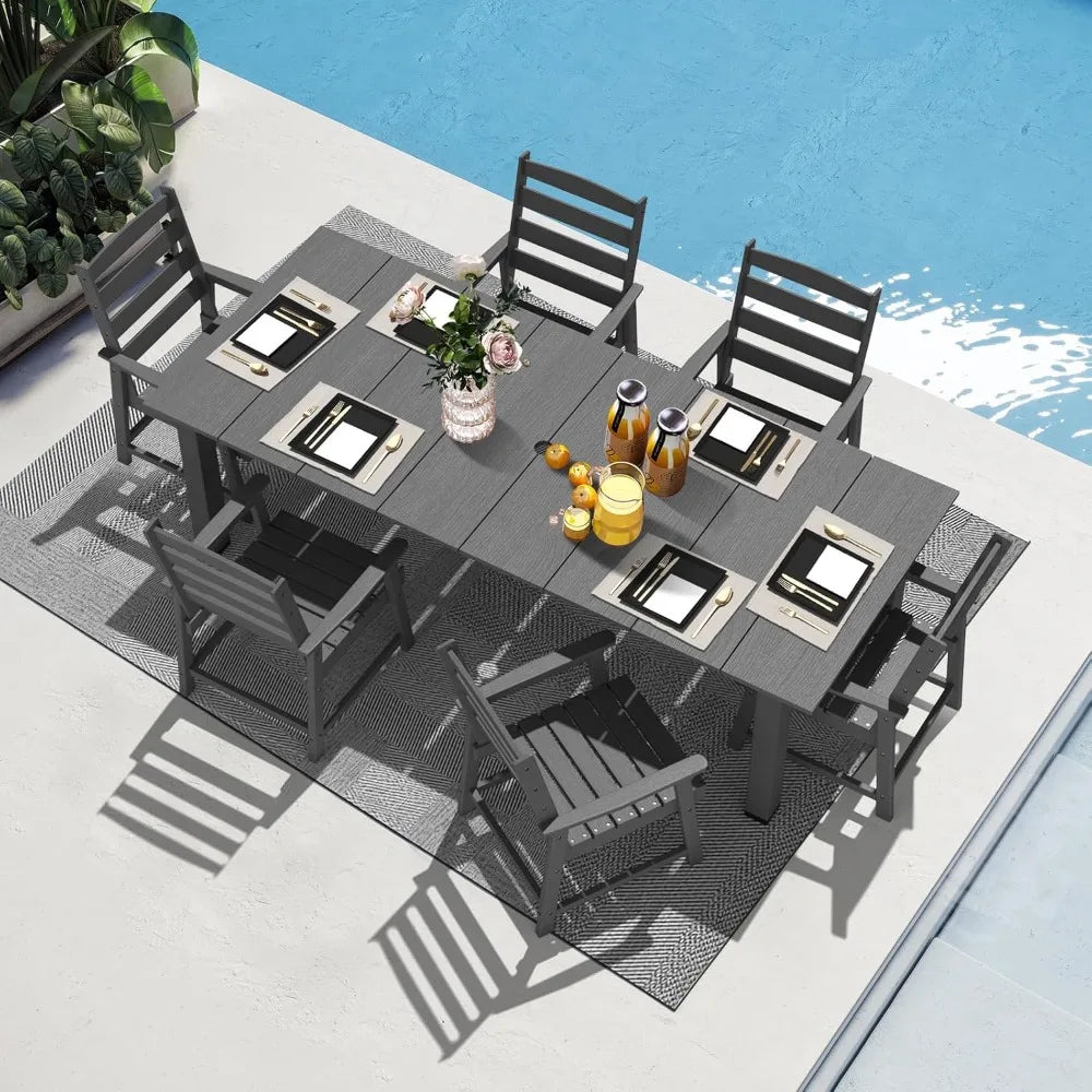 7 Pieces Patio Dining Sets, 75.2'' Table Outdoor HDPE Furniture Set w/ 2" Hole Cut-Out Dining Table with 6 Patio Chairs for Law