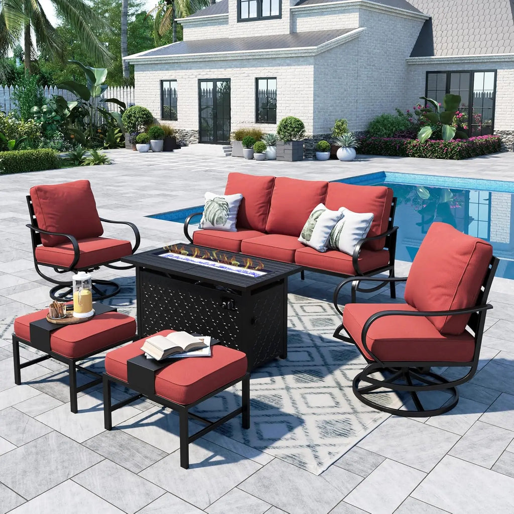 45" Gas Fire Pit Table With 2 X Swivel Chairs, Cushioned Sofa