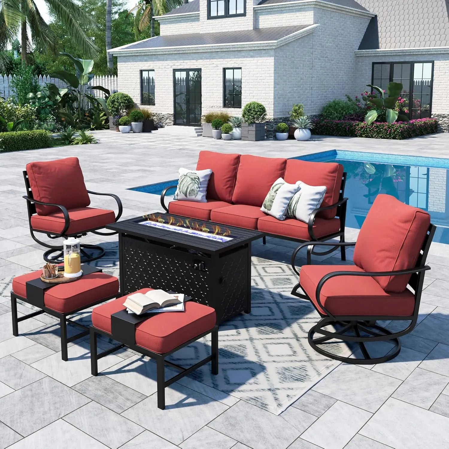 45" Gas Fire Pit Table With 2 X Swivel Chairs, Cushioned Sofa