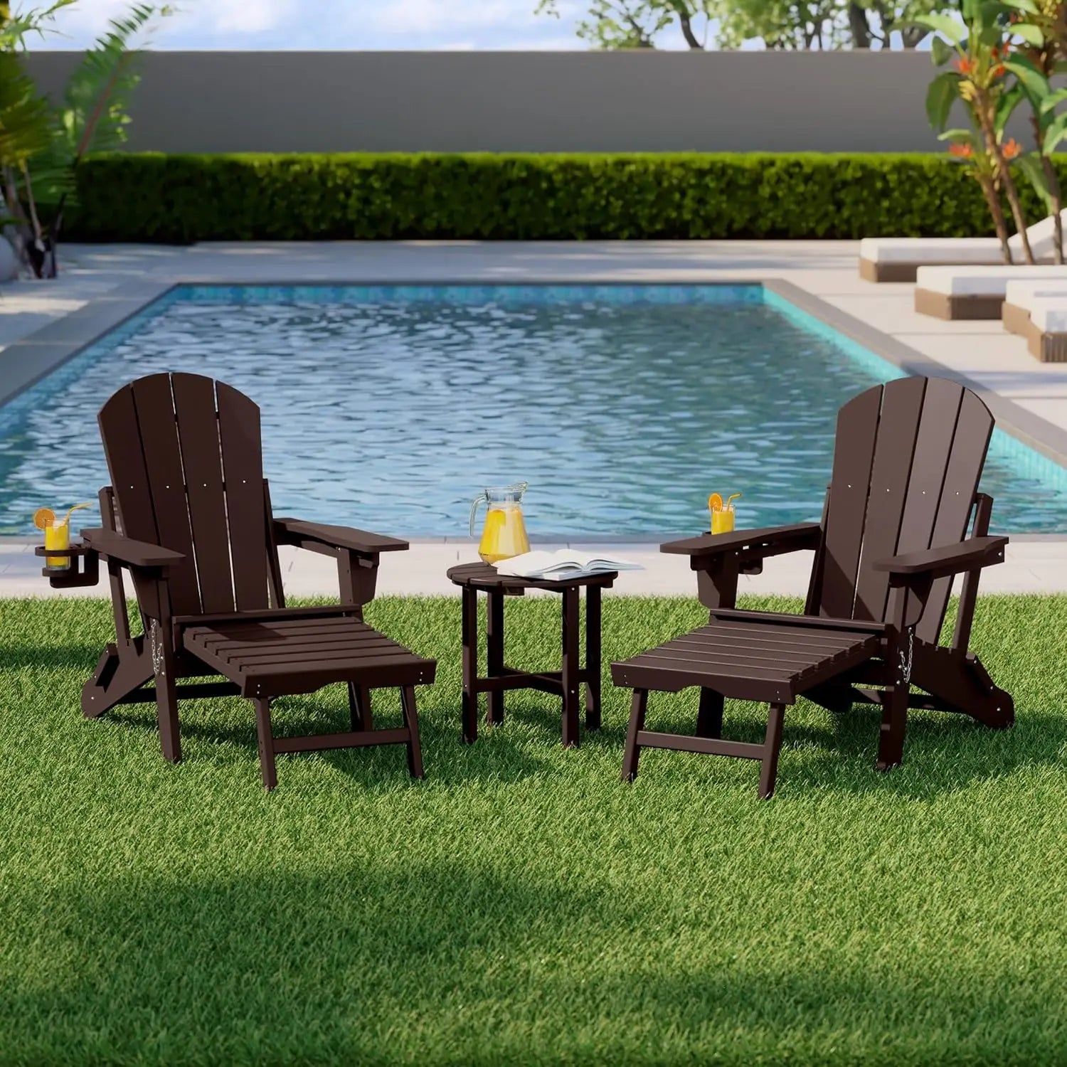 3-Piece Folding Adirondack Chair Set Adjustable Cup Holder Hideaway Ottoman 18" Side Table Outdoor Patio Garden White Custom