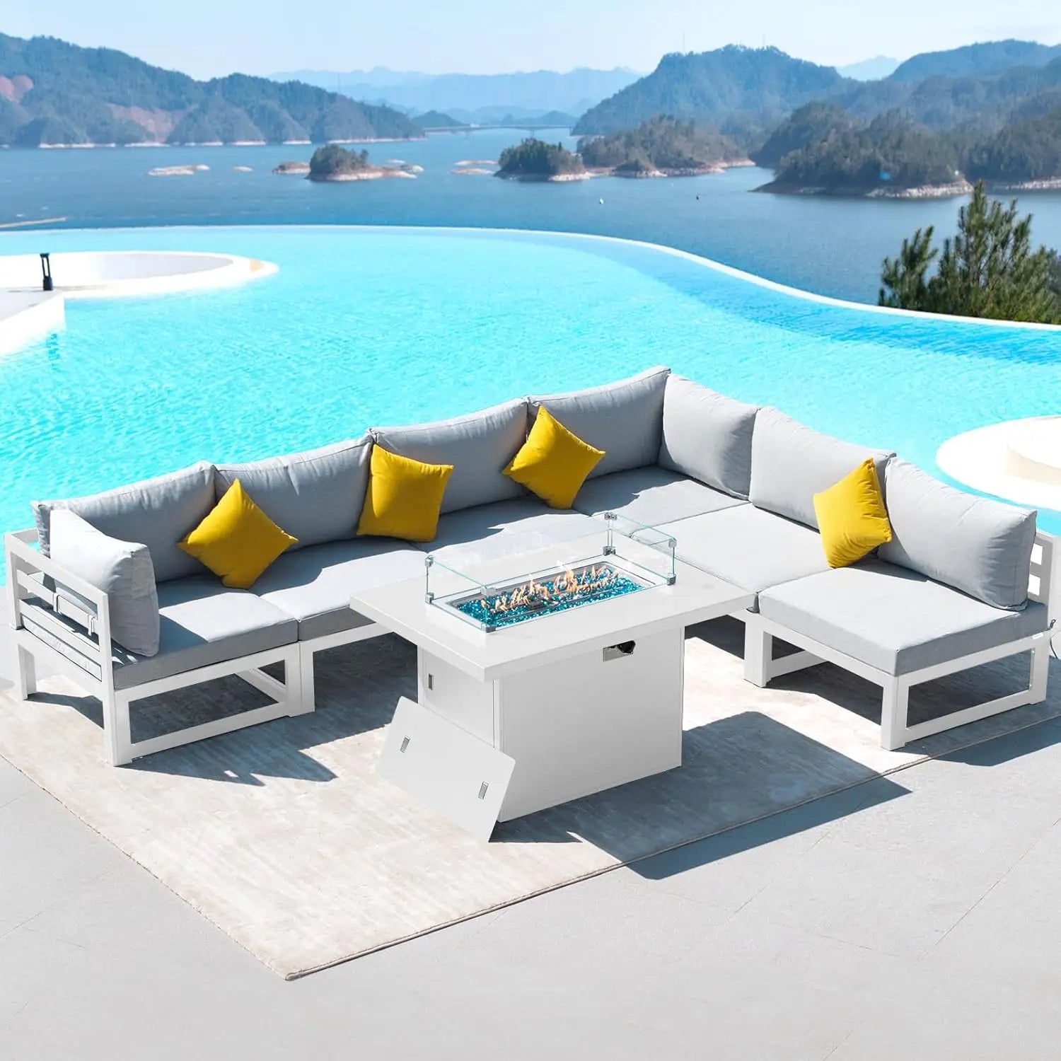 6 Person Large  Outdoor Patio Furniture Set With Fireplace