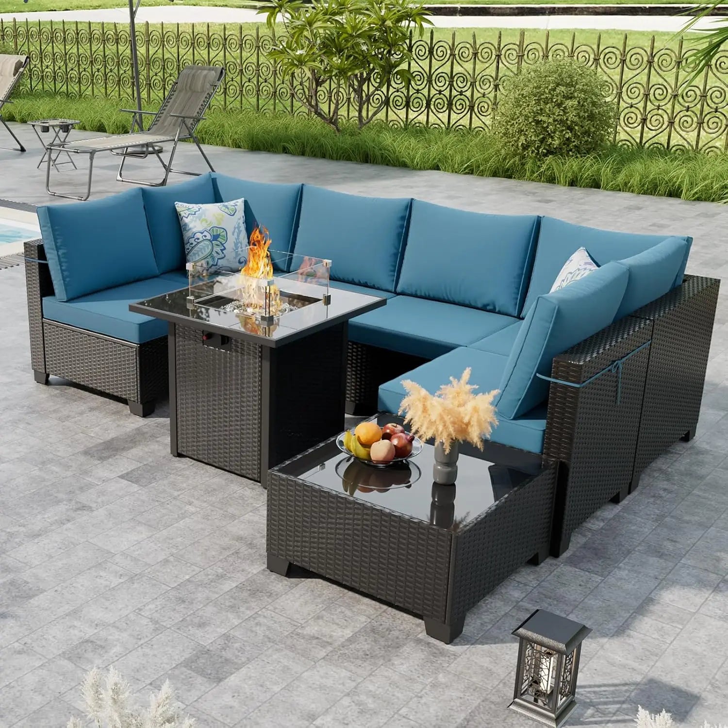 8pc Outdoor Patio Set with Fire Pit Table Wicker Sectional Sofa Thick Cushions Garden Lawn Pool Backyard, Customized