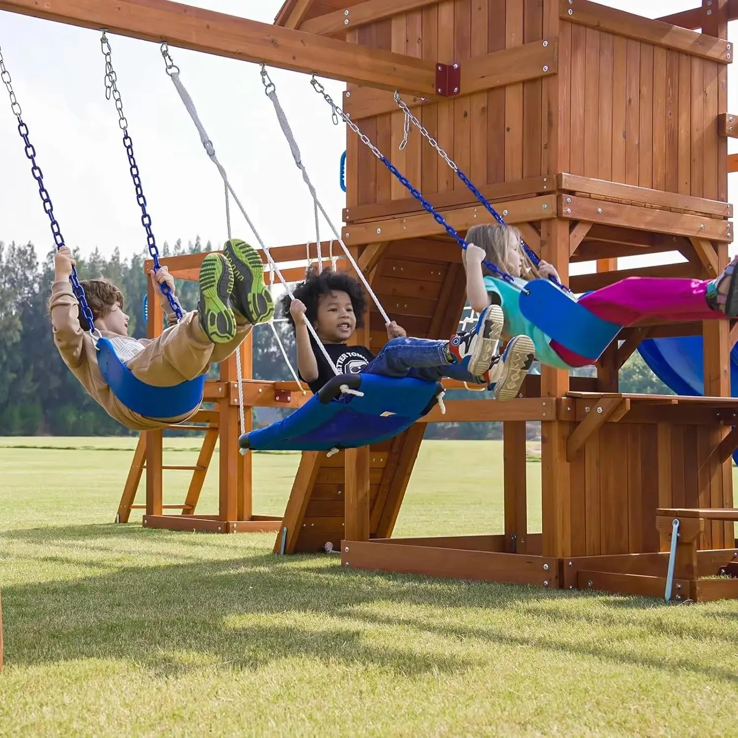 Best Seller Swing Sets for Backyard with Plank Bridge, Wooden Playground Sets for Backyards with 2 Wave Slides, Monkey bar