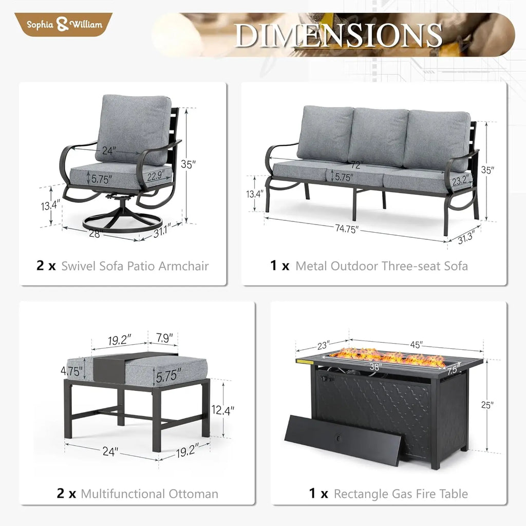 45" Gas Fire Pit Table With 2 X Swivel Chairs, Cushioned Sofa