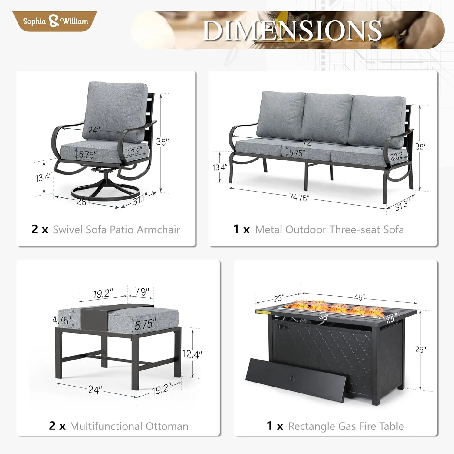 45" Gas Fire Pit Table With 2 X Swivel Chairs, Cushioned Sofa