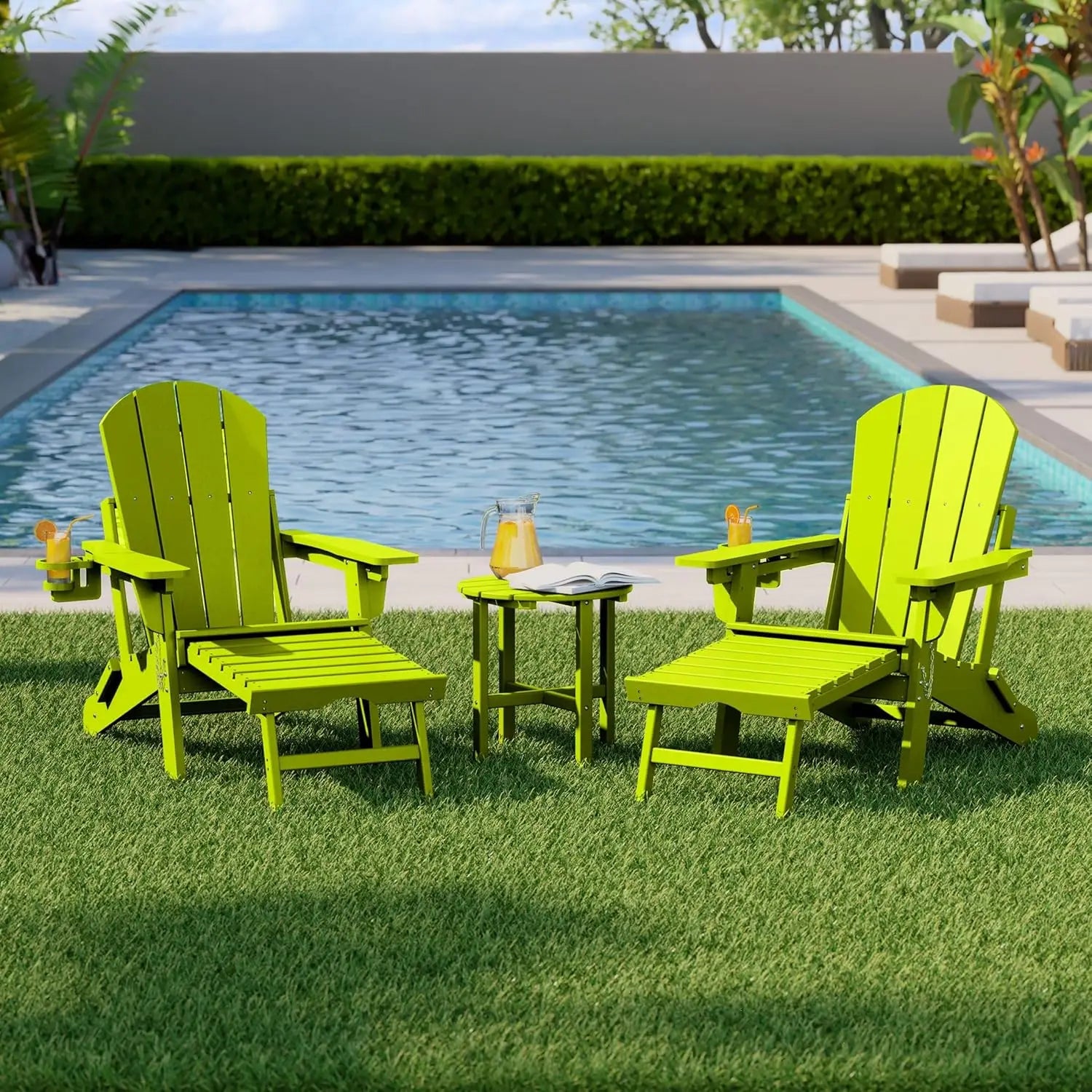 3-Piece Folding Adirondack Chair Set Adjustable Cup Holder Hideaway Ottoman 18" Side Table Outdoor Patio Garden White Custom