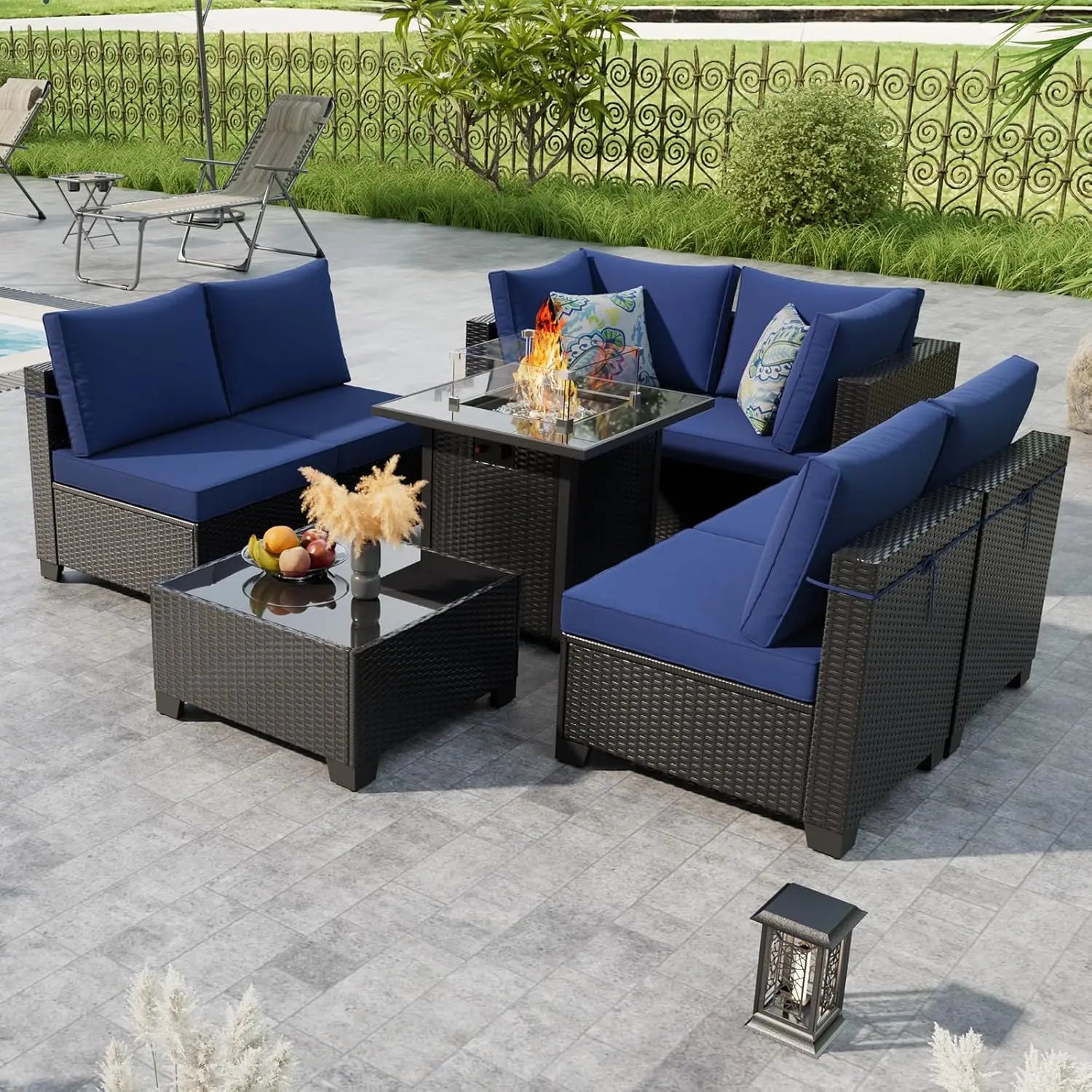 8pc Outdoor Patio Set with Fire Pit Table Wicker Sectional Sofa Thick Cushions Garden Lawn Pool Backyard, Customized