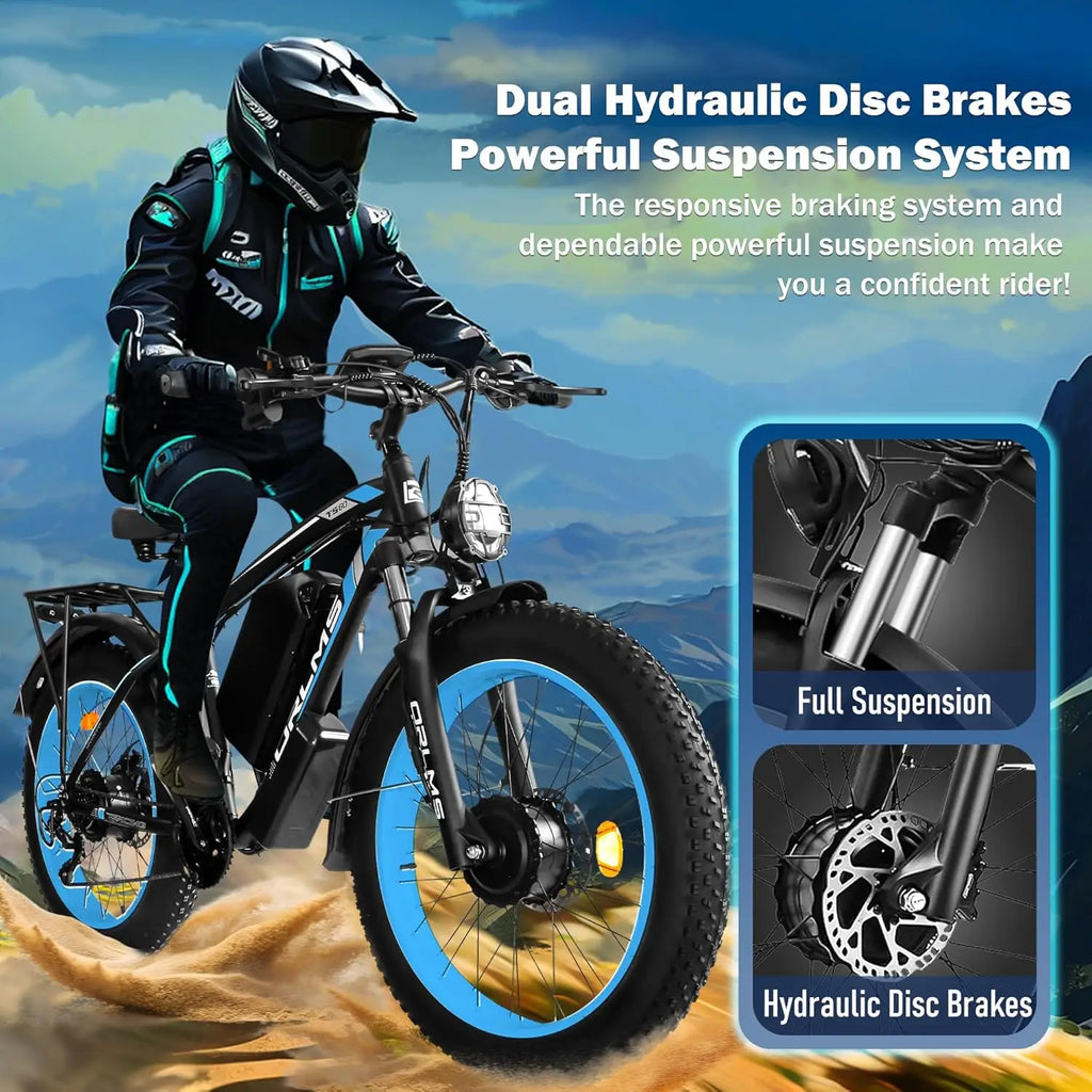 TS60 5000W Dual Motor E-Bike, 60V 25AH Battery Electric Bike for Adults, 45MPH Mountain AWD 21-Speed with 26" x 4.0 Fat Tire
