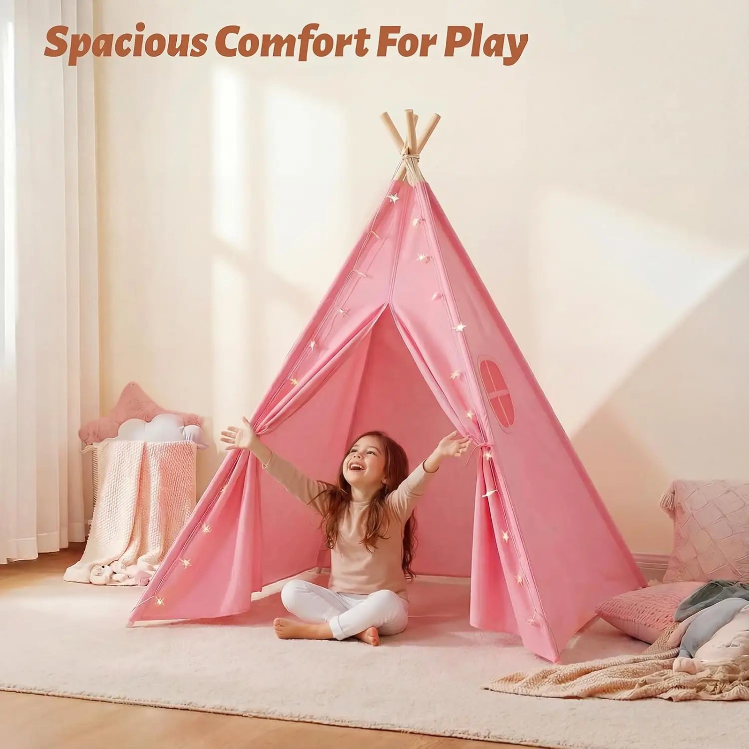 2-Pack Pink Teepee Tents for Kids with Lights, Foldable Playhouse for Sleepover Parties and Indoor Fun