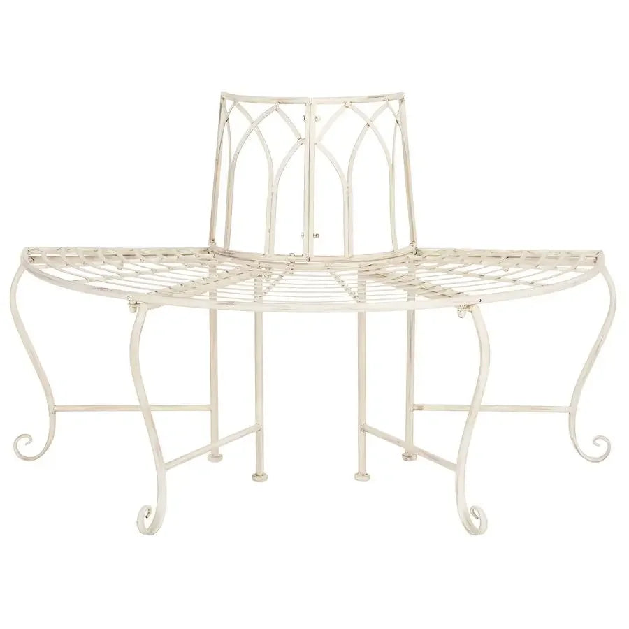 Outdoor Furniture Collection Abia Antique White Distressed Wrought Iron 50Inch Curved Tree Bench, Garden amp Patio Seating PAT5