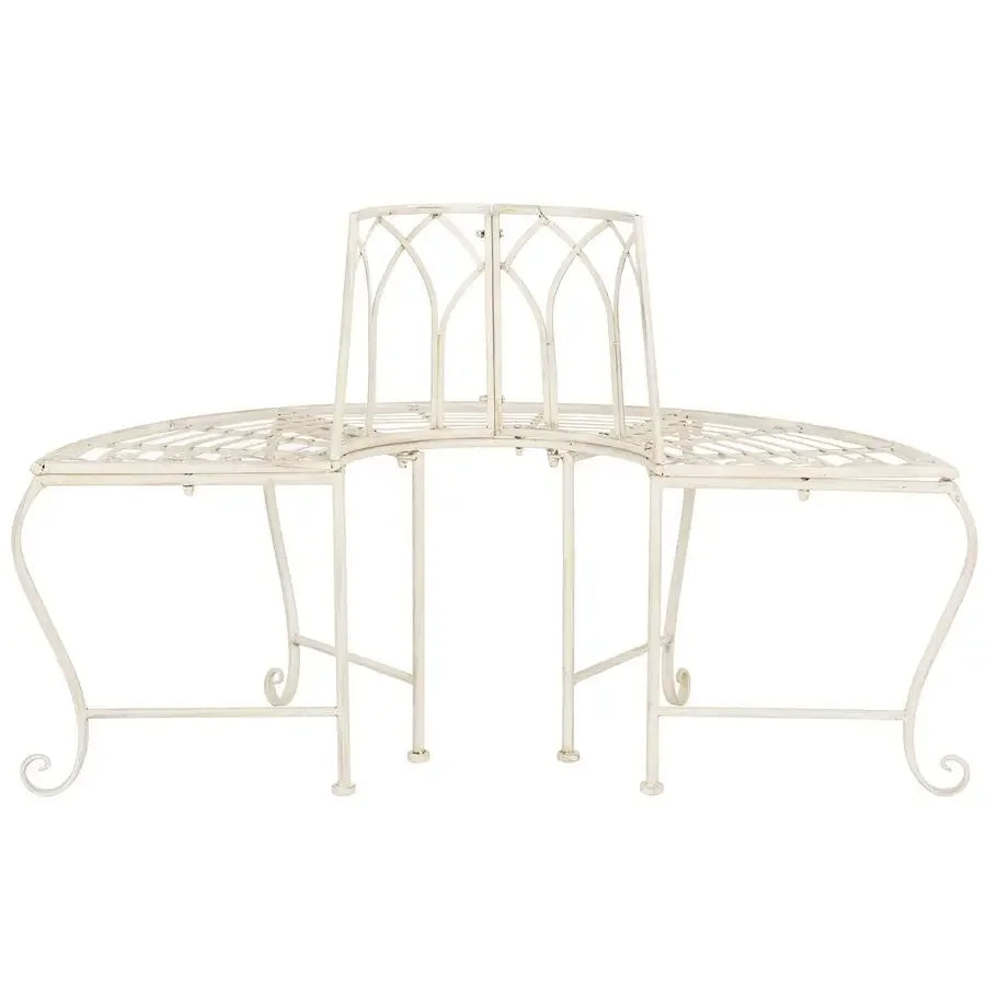 Outdoor Furniture Collection Abia Antique White Distressed Wrought Iron 50Inch Curved Tree Bench, Garden amp Patio Seating PAT5