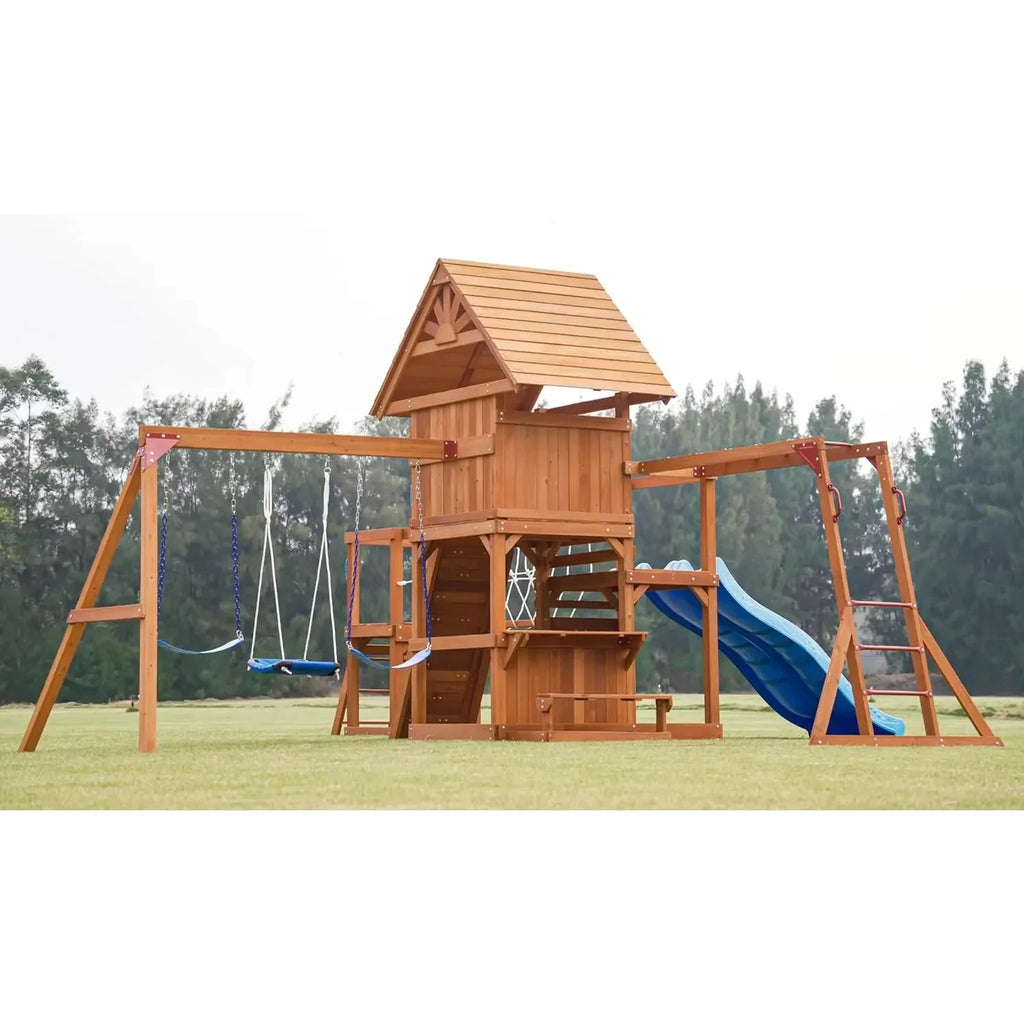 Best Seller Swing Sets for Backyard with Plank Bridge, Wooden Playground Sets for Backyards with 2 Wave Slides, Monkey bar