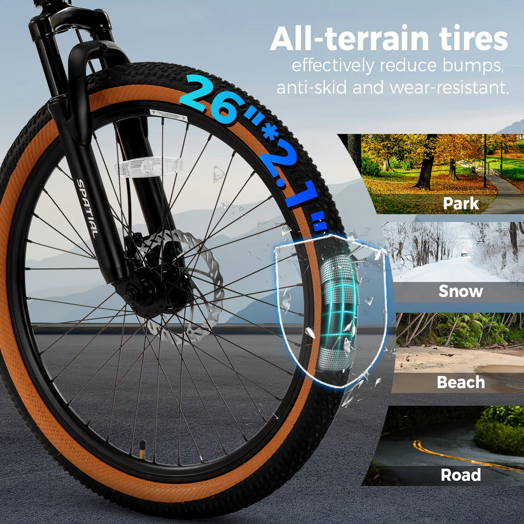 SPATIAL 26" Fat Tire Mountain Bike, Aluminum Frame with Dual Disc Brake & Suspension for Adults