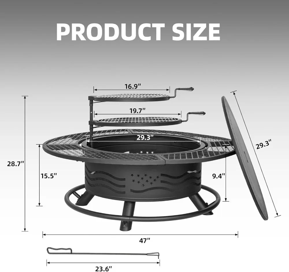 47 Inch  Outdoor Fire Pit with 2 Cooking Grates, BBQ Grill