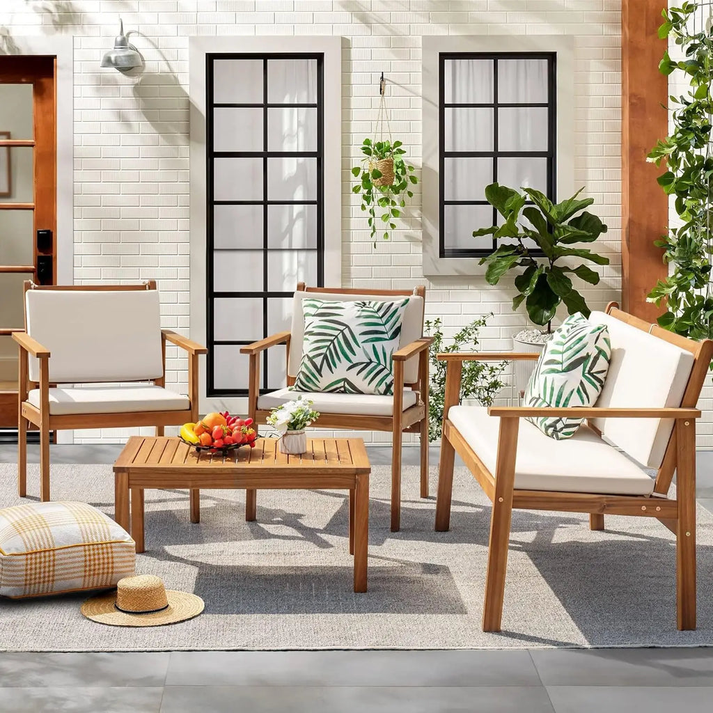 Patio Furniture 4 Piece Outdoor Acacia Wood Patio Conversation Sofa Set with Table & Cushions Porch Furniture for, Customized