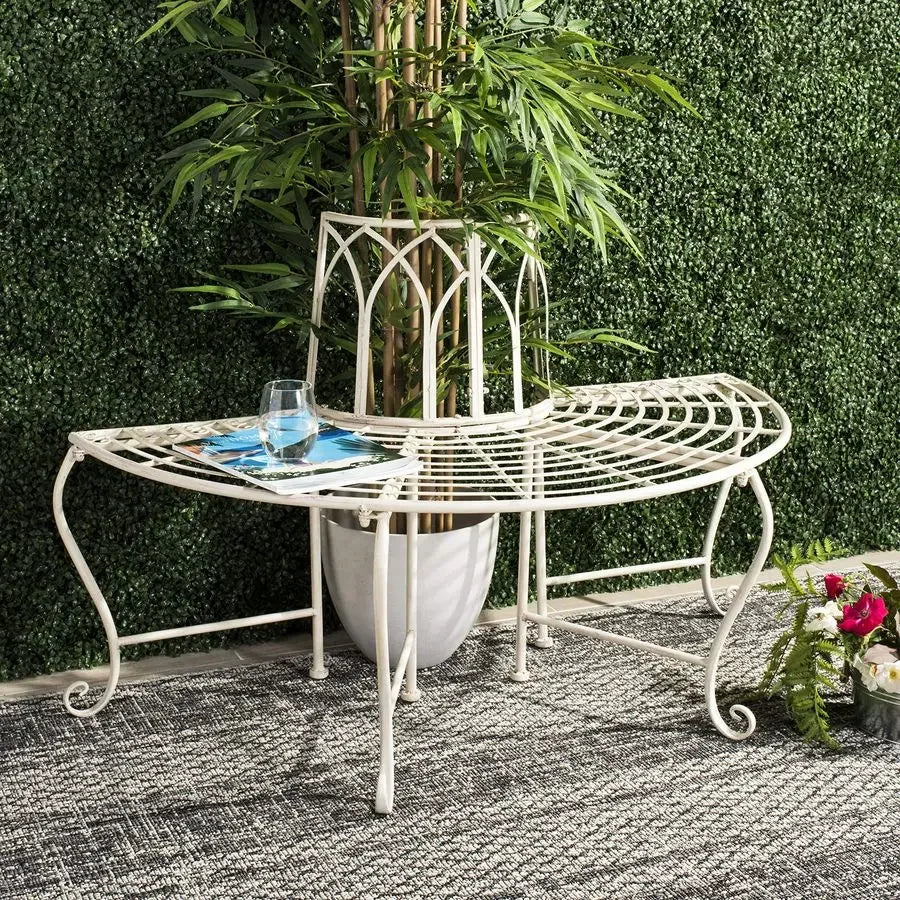 Outdoor Furniture Collection Abia Antique White Distressed Wrought Iron 50Inch Curved Tree Bench, Garden amp Patio Seating PAT5