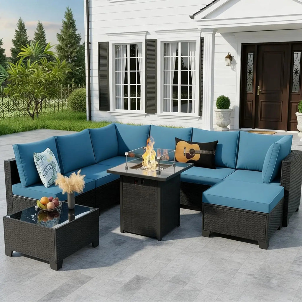 8pc Outdoor Patio Set with Fire Pit Table Wicker Sectional Sofa Thick Cushions Garden Lawn Pool Backyard, Customized