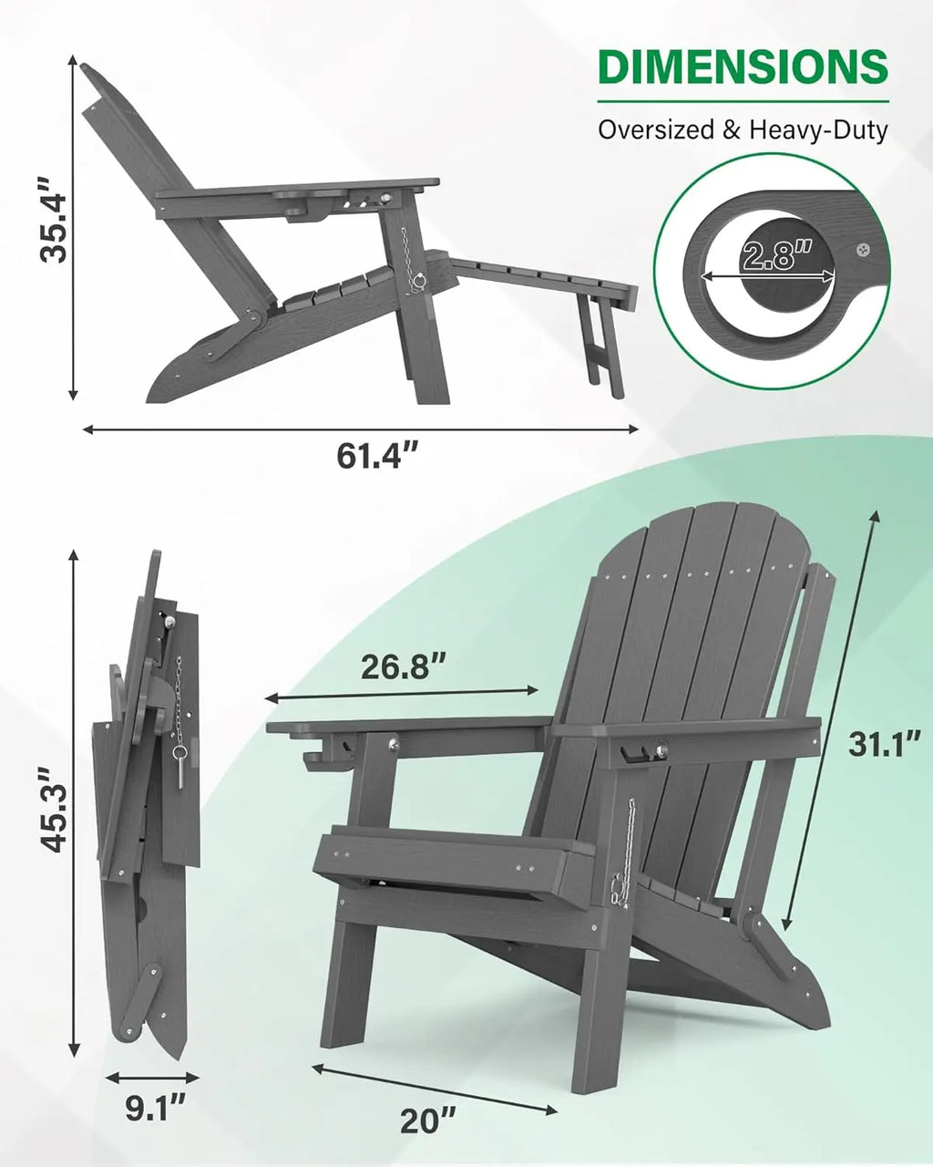 HDPE Folding Adirondack Chair Set 2 Retractable Ottoman Cup Holder All-Weather Patio Pool Fire Pit, Customized