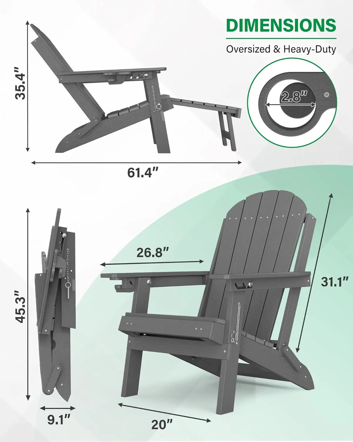 HDPE Folding Adirondack Chair Set 2 Retractable Ottoman Cup Holder All-Weather Patio Pool Fire Pit, Customized