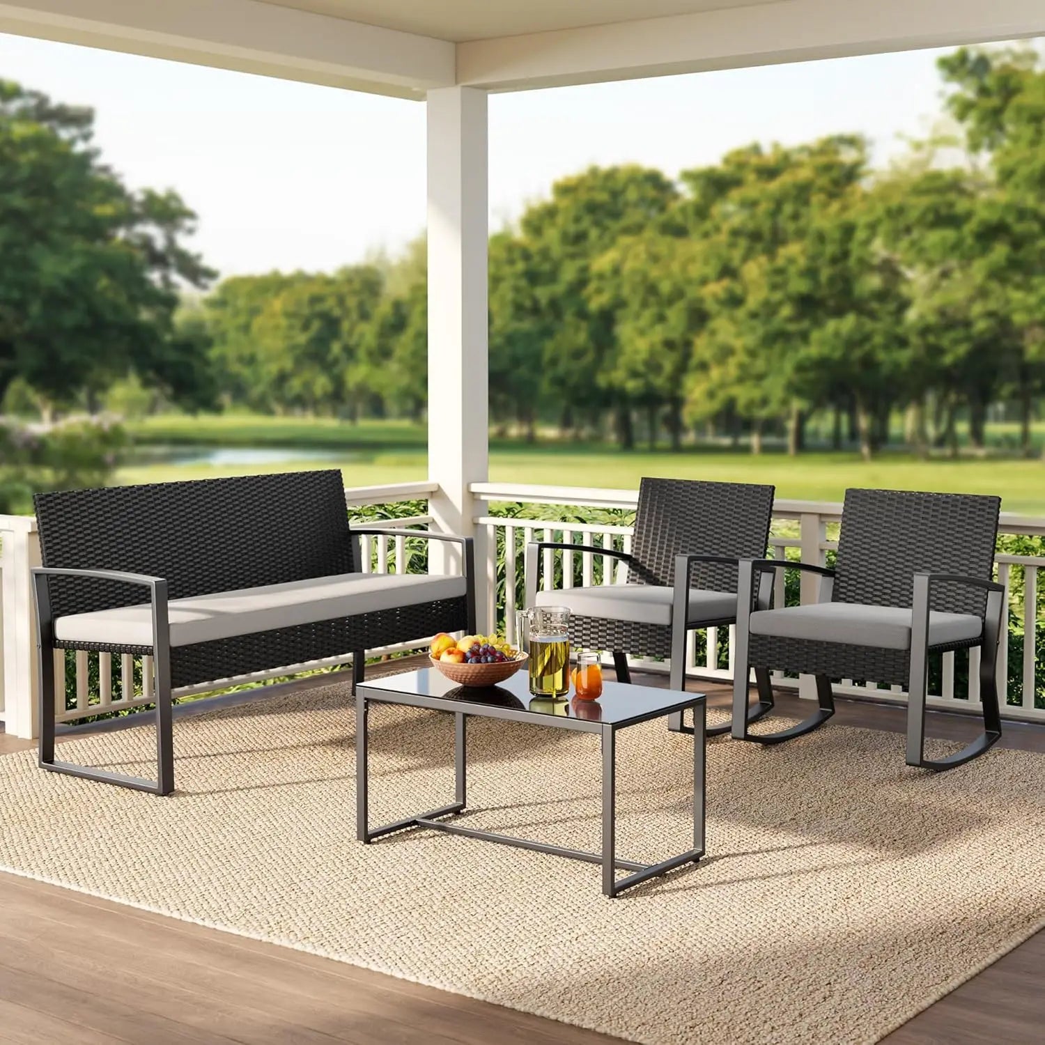 4 Piece Outdoor Patio Furniture Set, Wicker Patio Furniture with Glass Coffee Table, Rocking Wicker Bistro Set, for, Customized