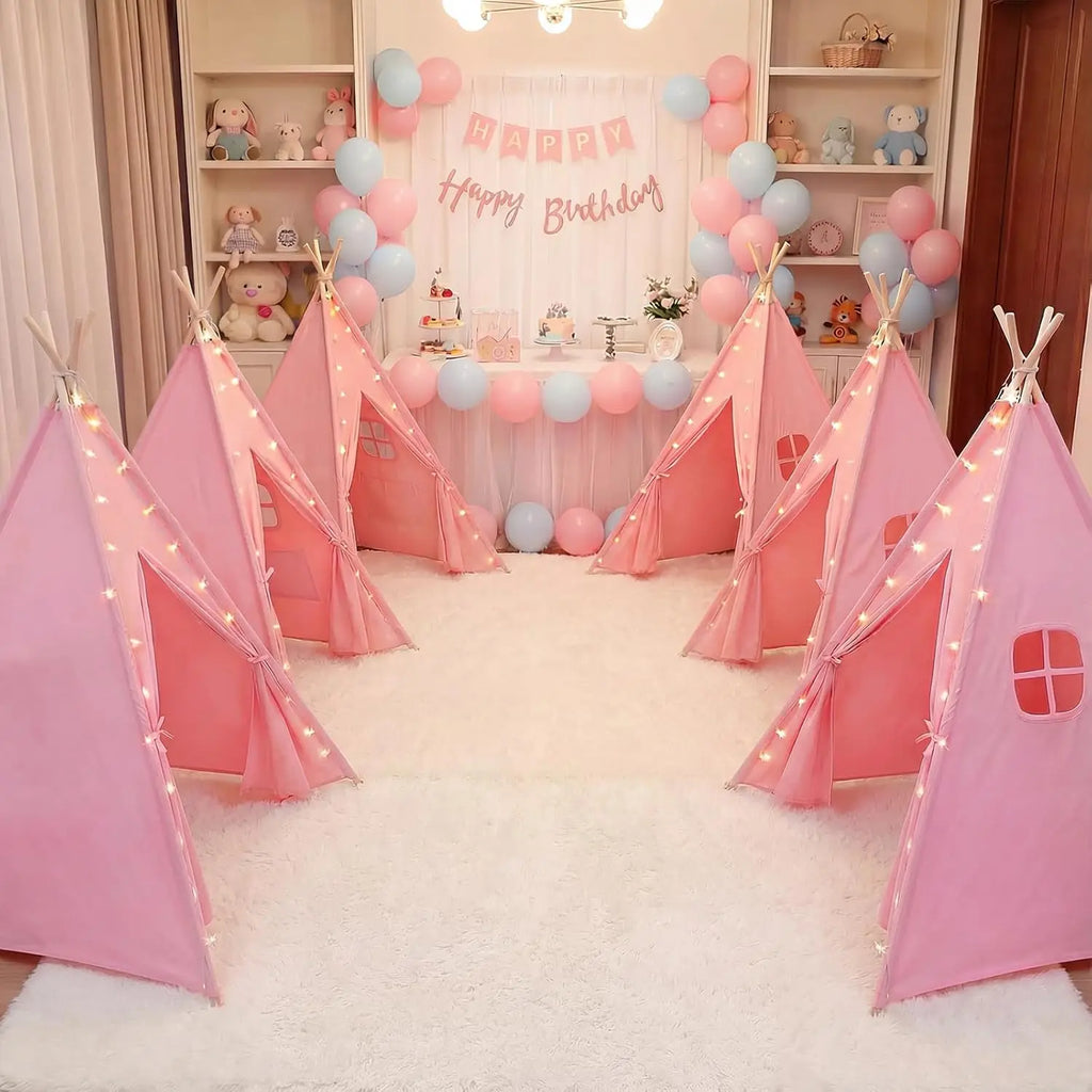 2-Pack Pink Teepee Tents for Kids with Lights, Foldable Playhouse for Sleepover Parties and Indoor Fun